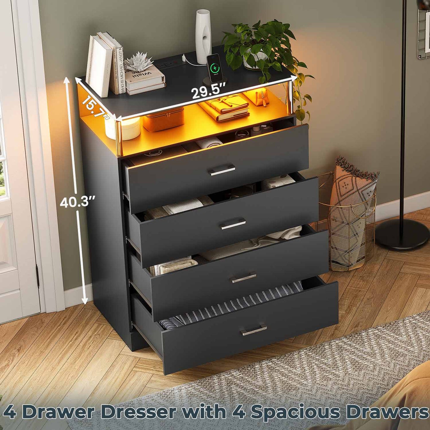 Tall Dresser with LED Lights 4 Storage Drawers Black