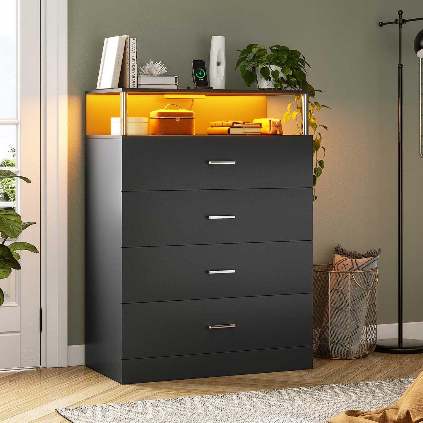 Tall Dresser with LED Lights 4 Storage Drawers Black