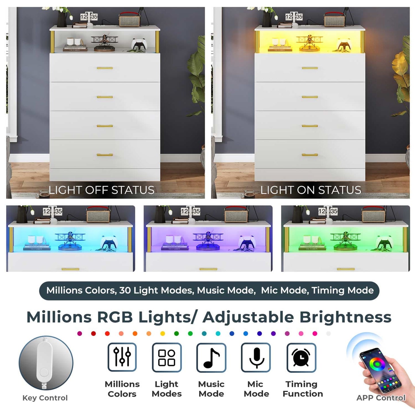 Tall Dresser with LED Lights 4 Storage Drawers White