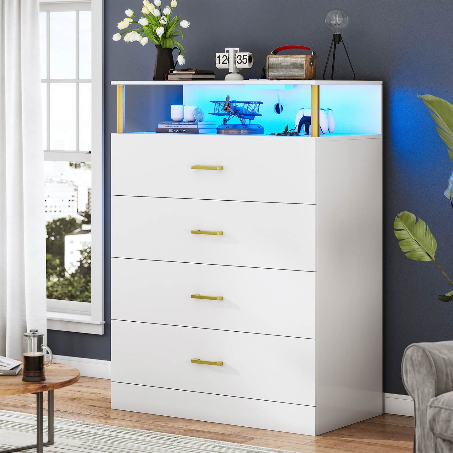 Tall Dresser with LED Lights 4 Storage Drawers White