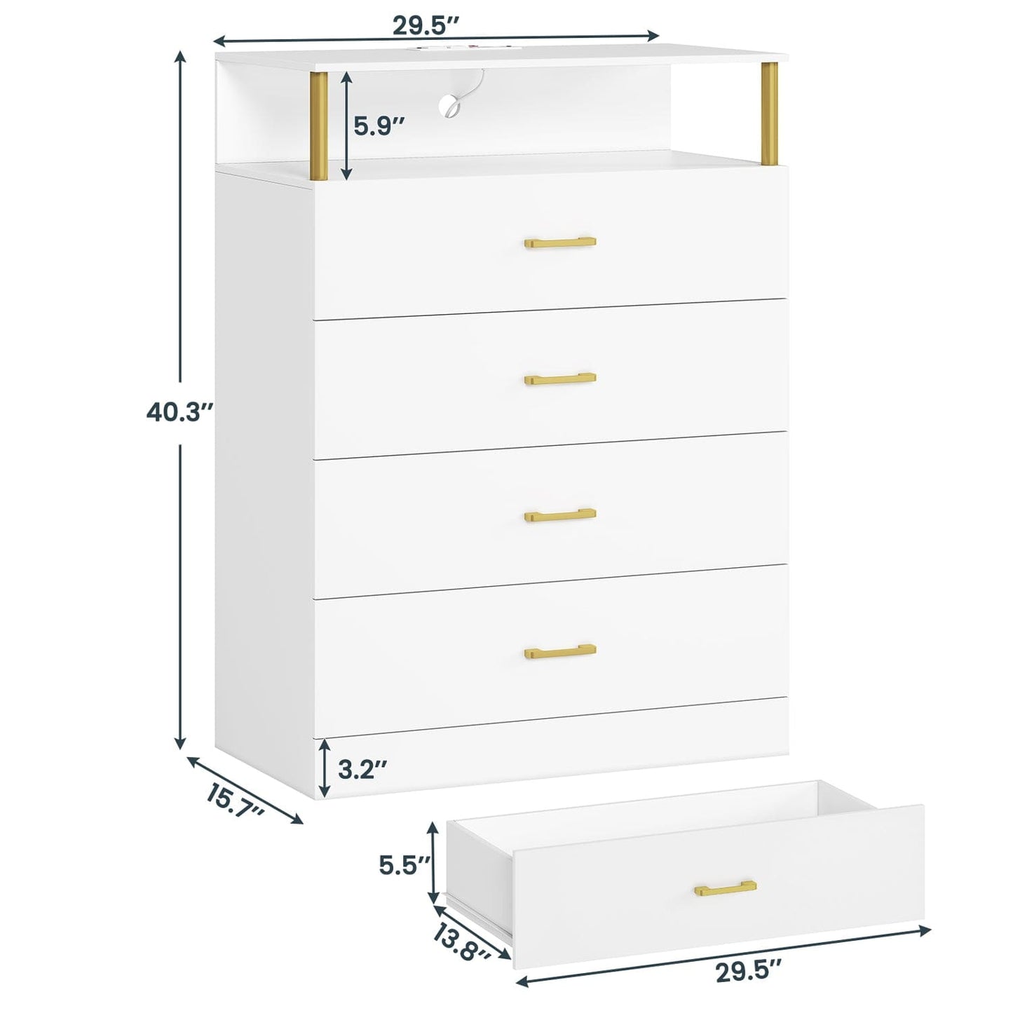 Tall Dresser with LED Lights 4 Storage Drawers White