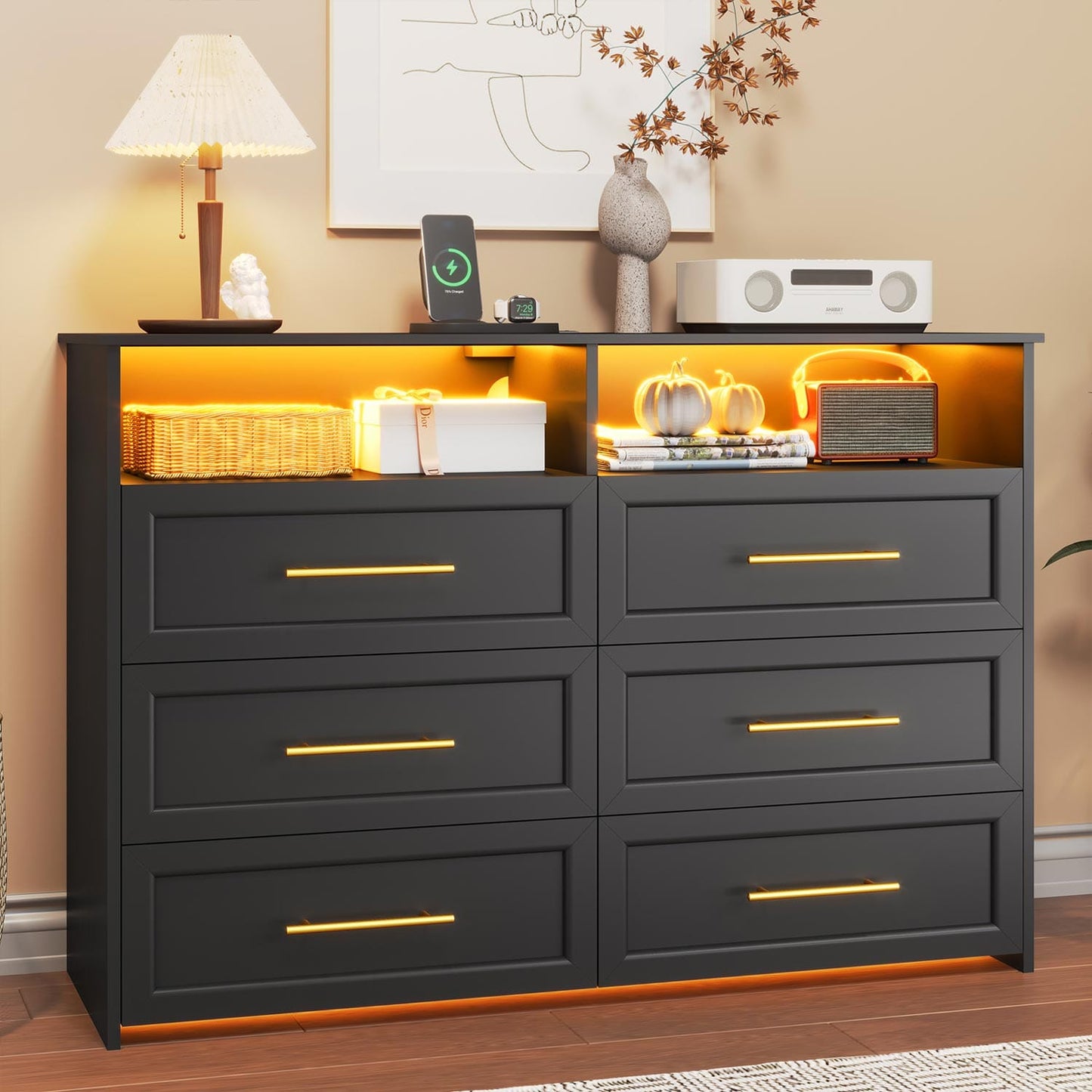 LED Wide Dresser with 6 Storage Drawers Black