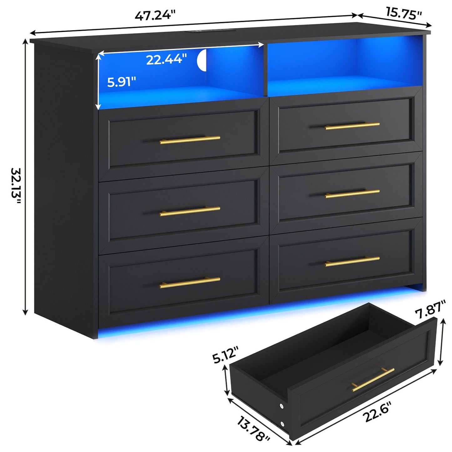 LED Wide Dresser with 6 Storage Drawers Black