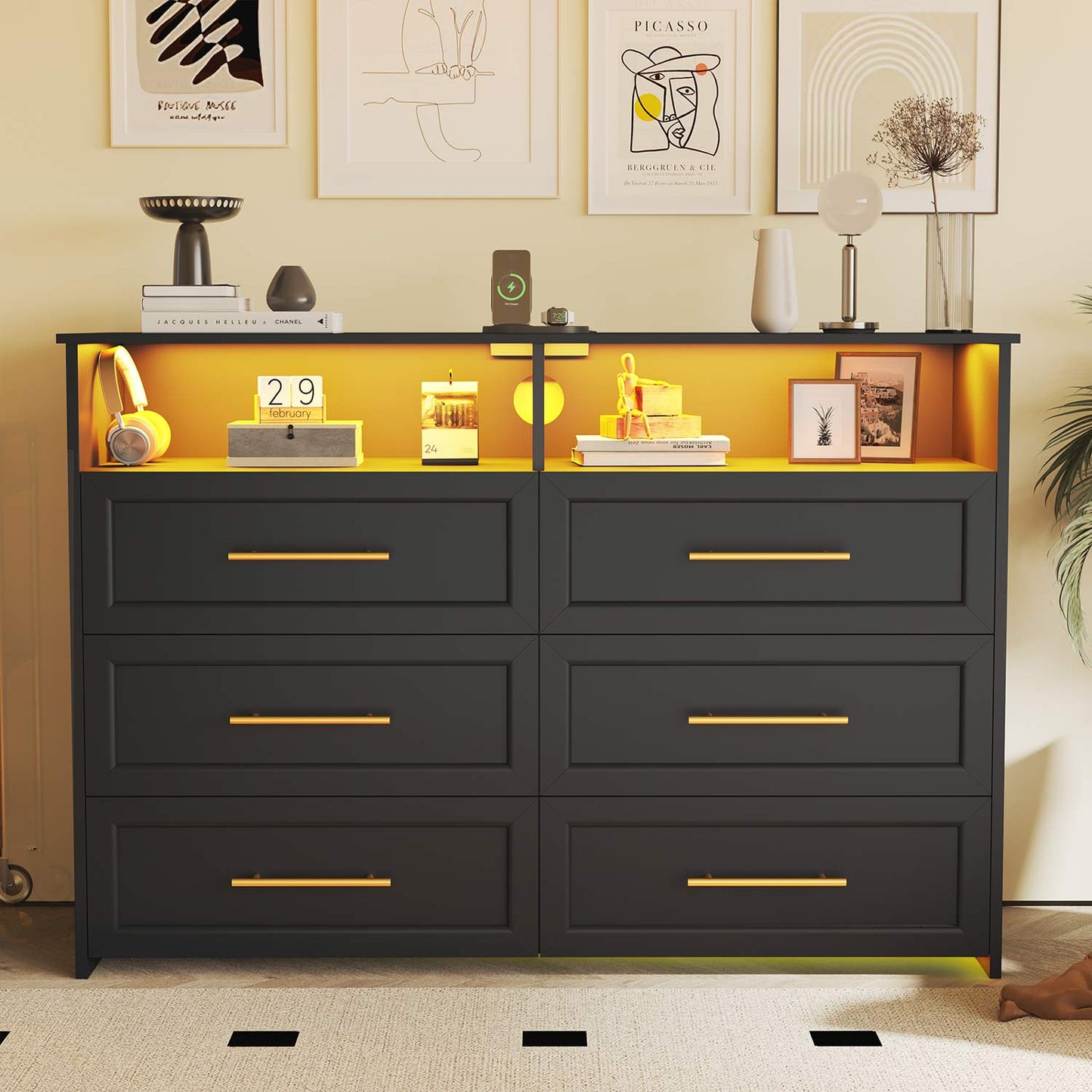 LED Wide Dresser with 6 Storage Drawers Black