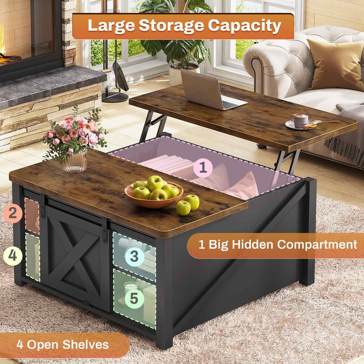 31.5 Inches Lift Top Coffee Table with Hidden Storage Black