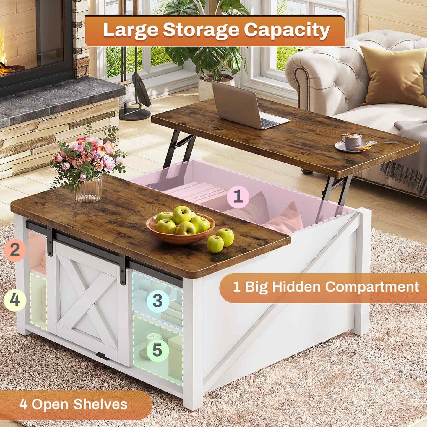 31.5 Inches Lift Top Coffee Table with Hidden Storage White