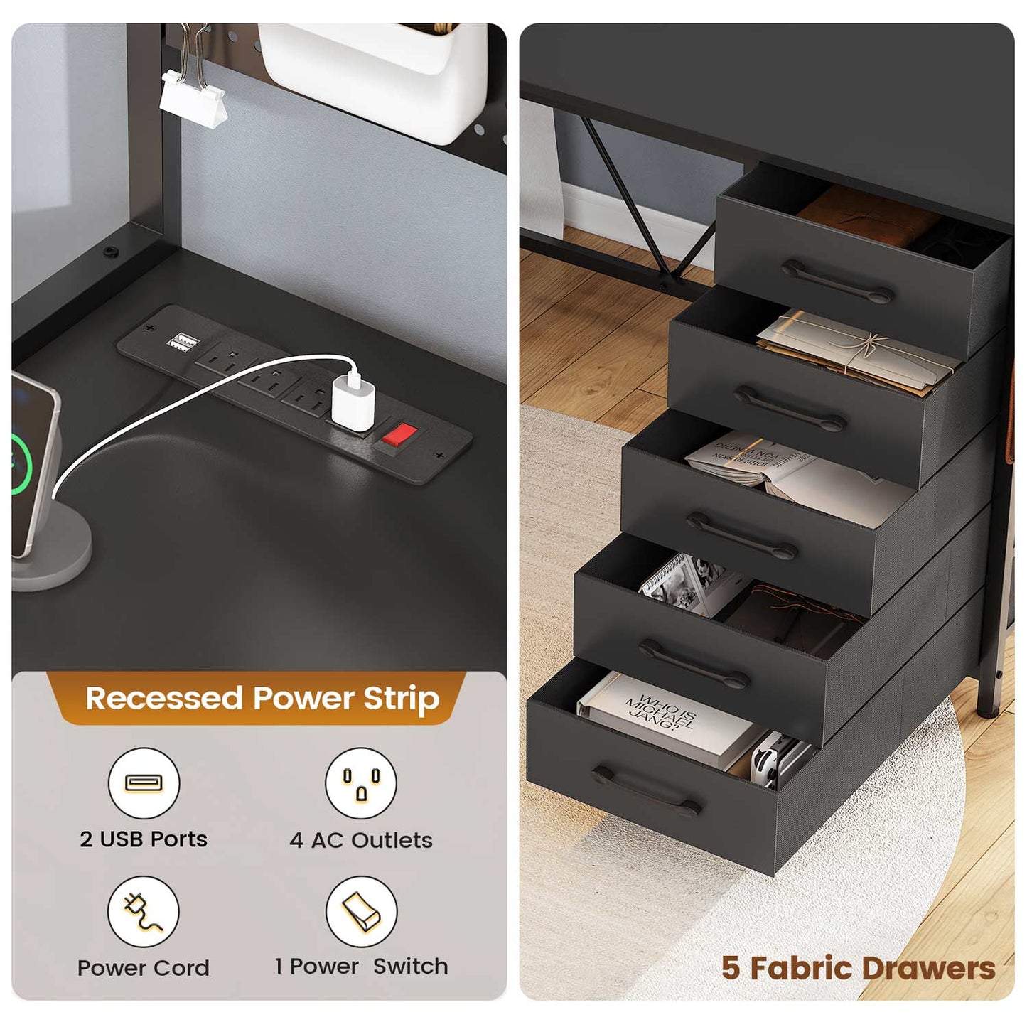 62 Inches LED Reversible L Shaped Gaming Desk Black