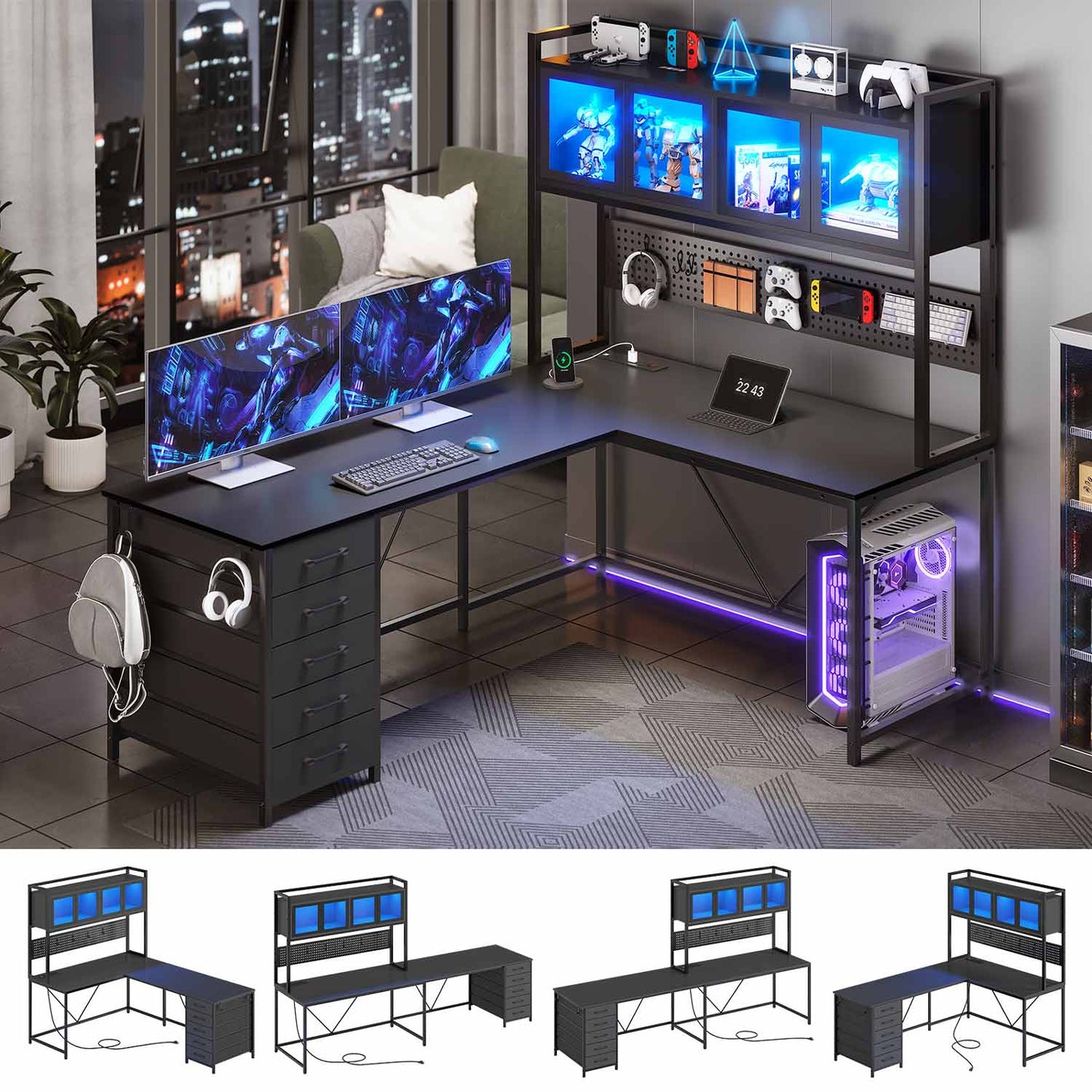 62 Inches LED Reversible L Shaped Gaming Desk Black