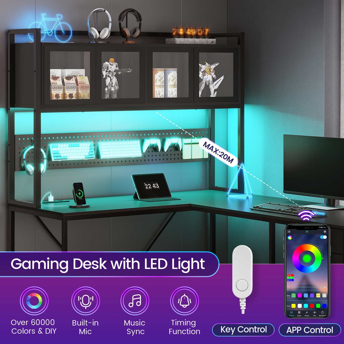 62 Inches LED Reversible L Shaped Gaming Desk Black