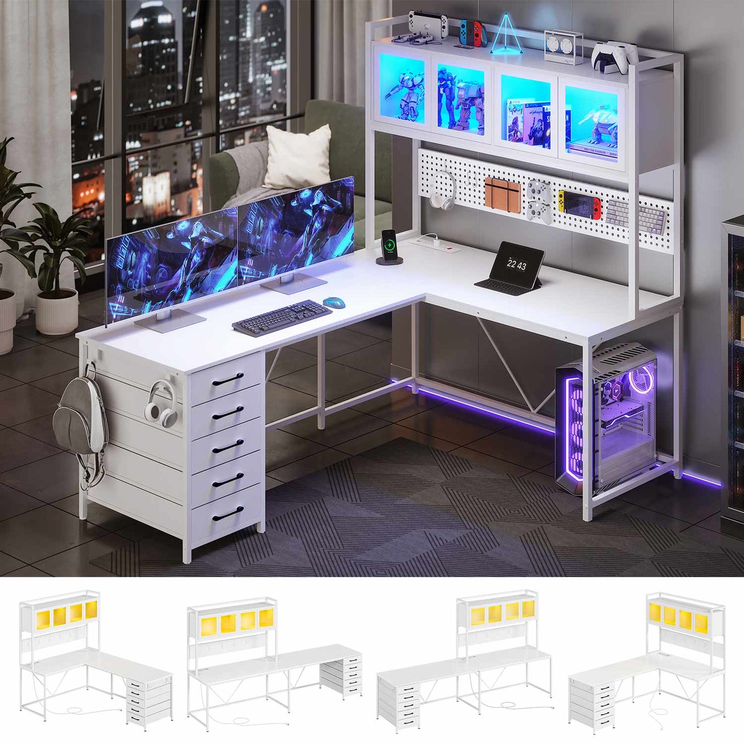 62 Inches LED Reversible L Shaped Gaming Desk White