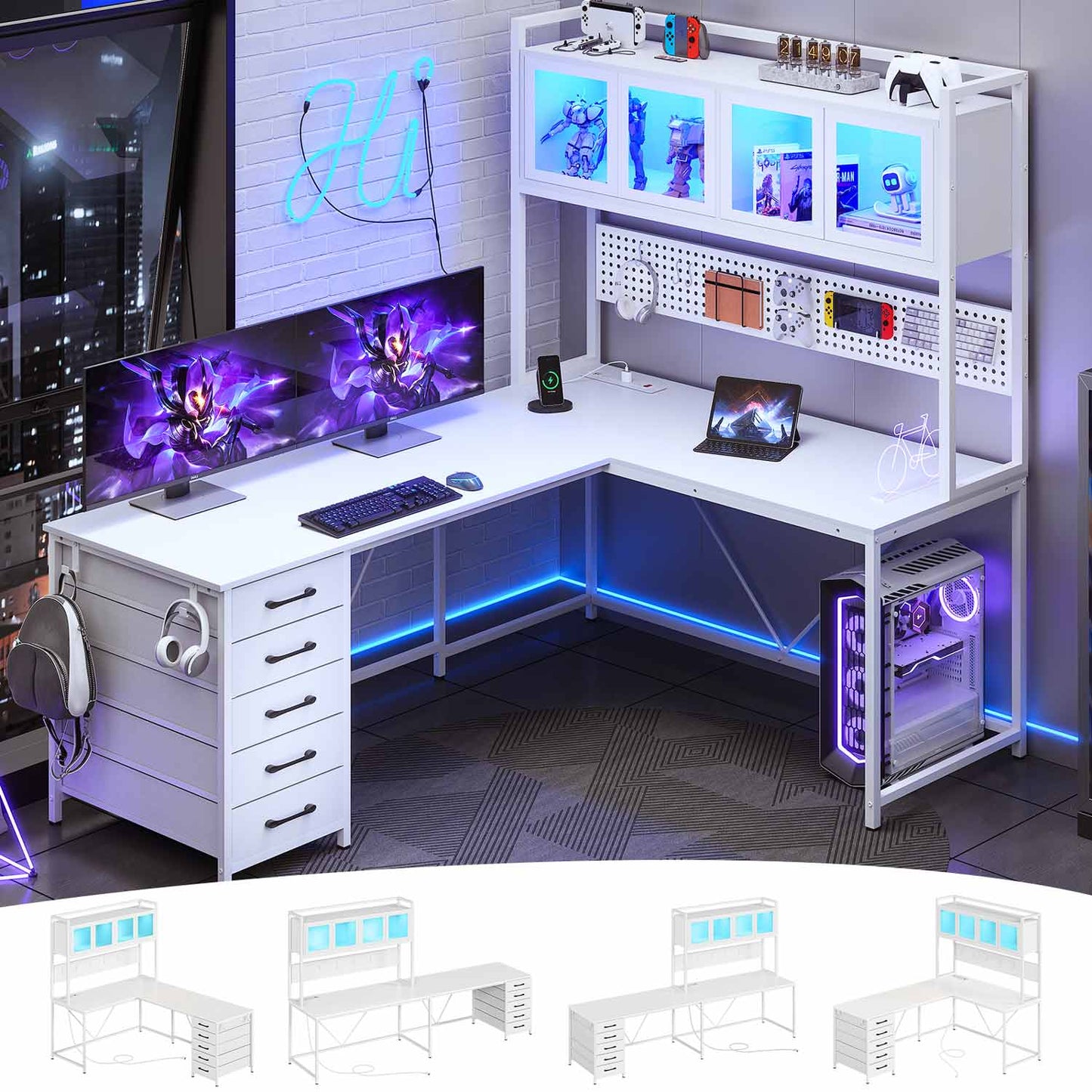 62 Inches LED Reversible L Shaped Gaming Desk White