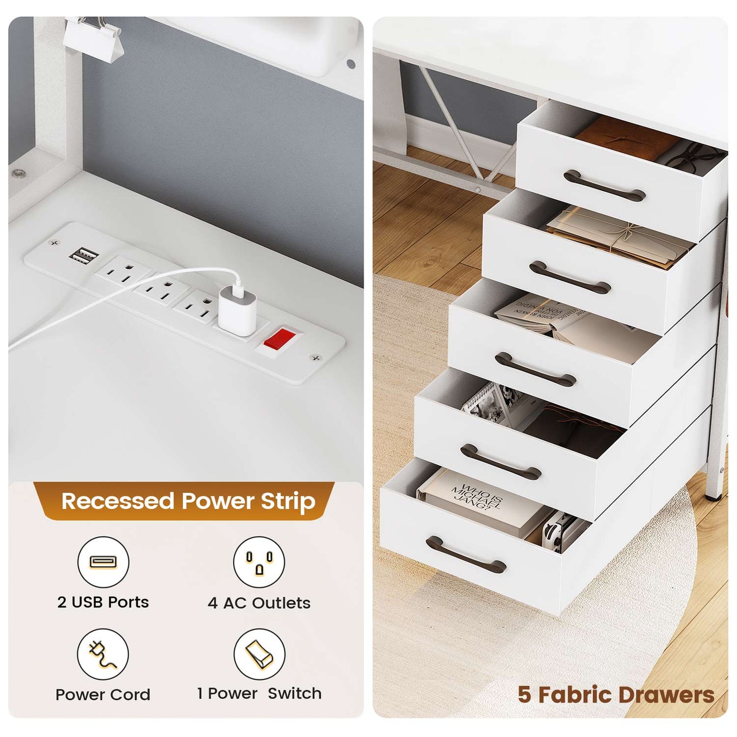 62 Inches LED Reversible L Shaped Gaming Desk White