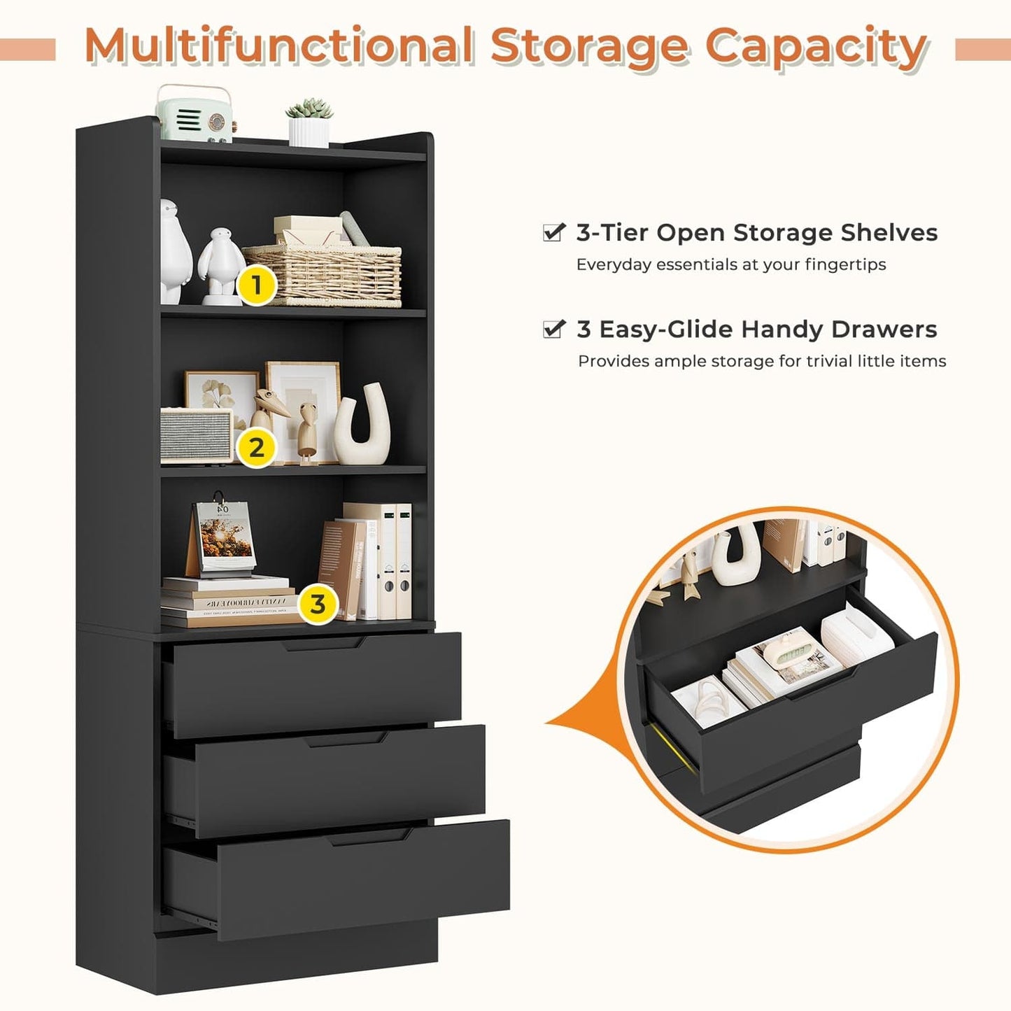 73 Inches Versatile Tall Bookcase with 3 Drawers Black