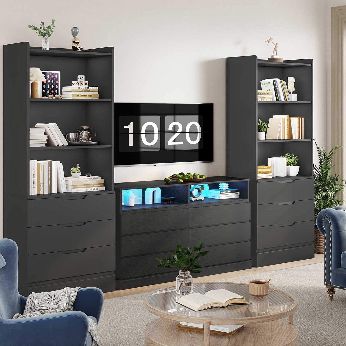 73 Inches Versatile Tall Bookcase with 3 Drawers Black