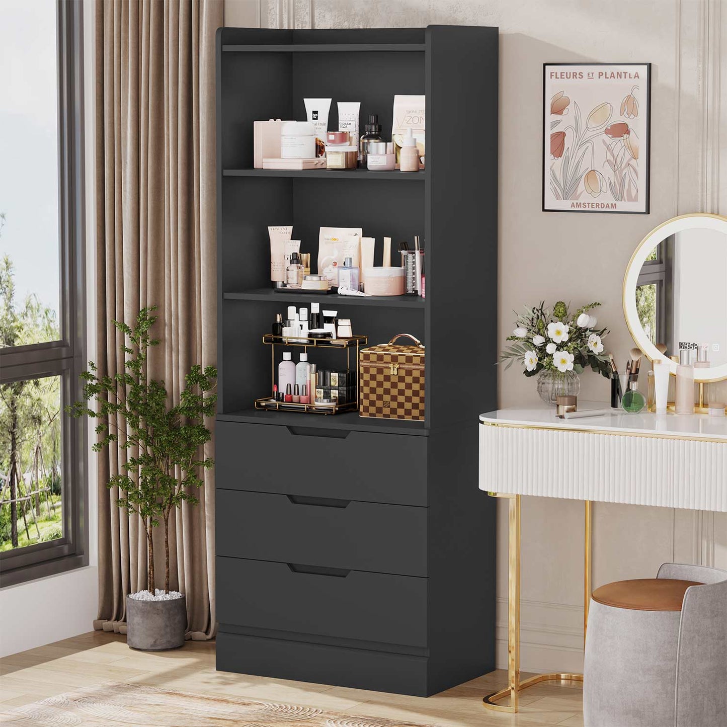 73 Inches Versatile Tall Bookcase with 3 Drawers Black