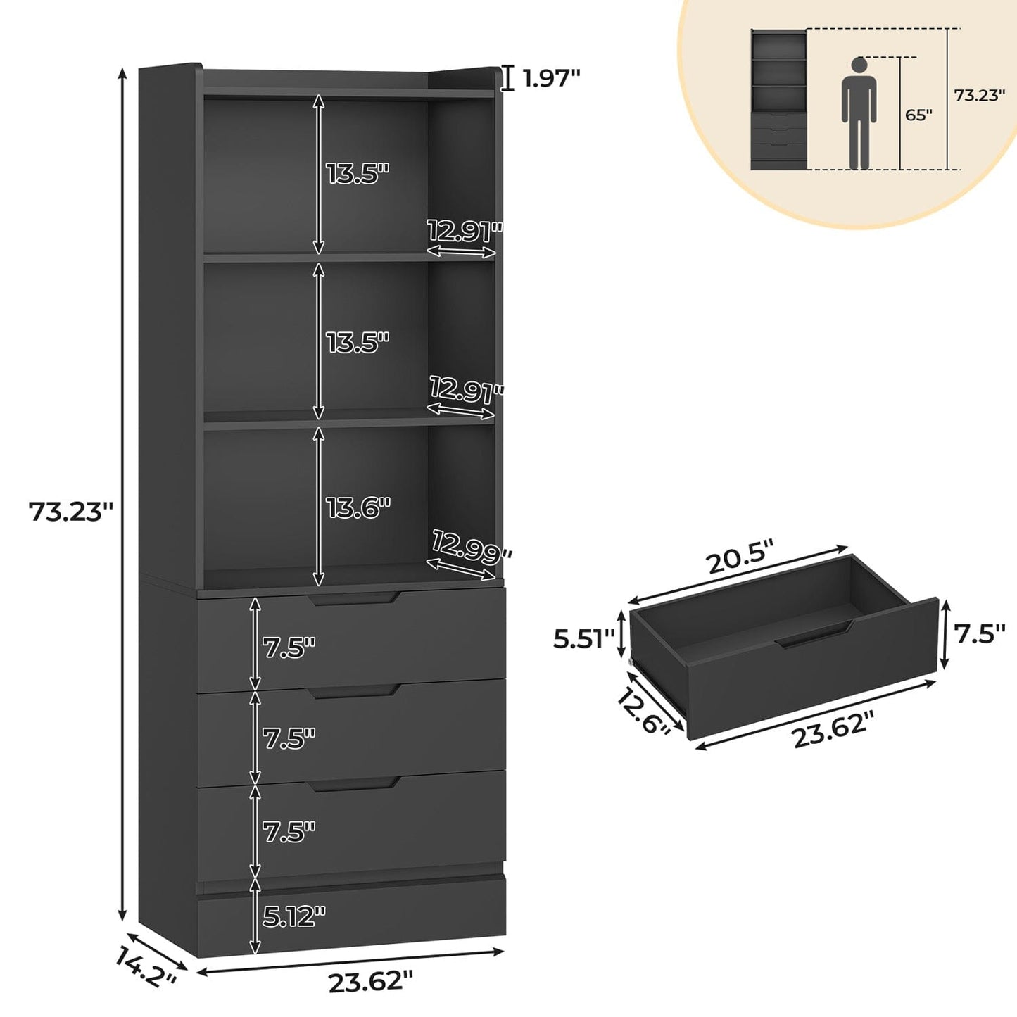 73 Inches Versatile Tall Bookcase with 3 Drawers Black