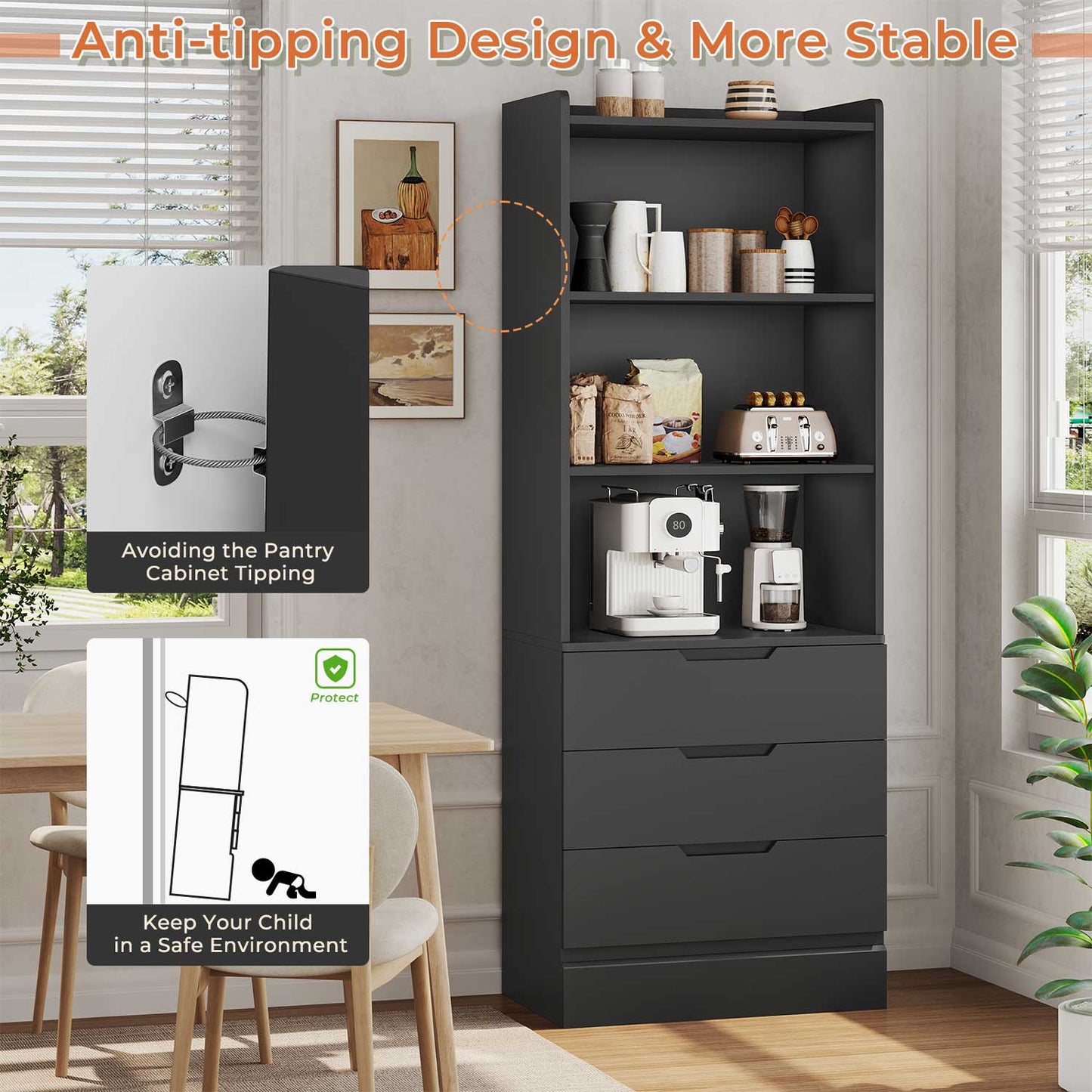 73 Inches Versatile Tall Bookcase with 3 Drawers Black