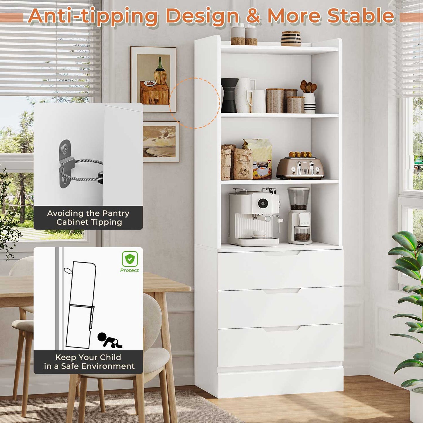 73 Inches Versatile Tall Bookcase with 3 Drawers White