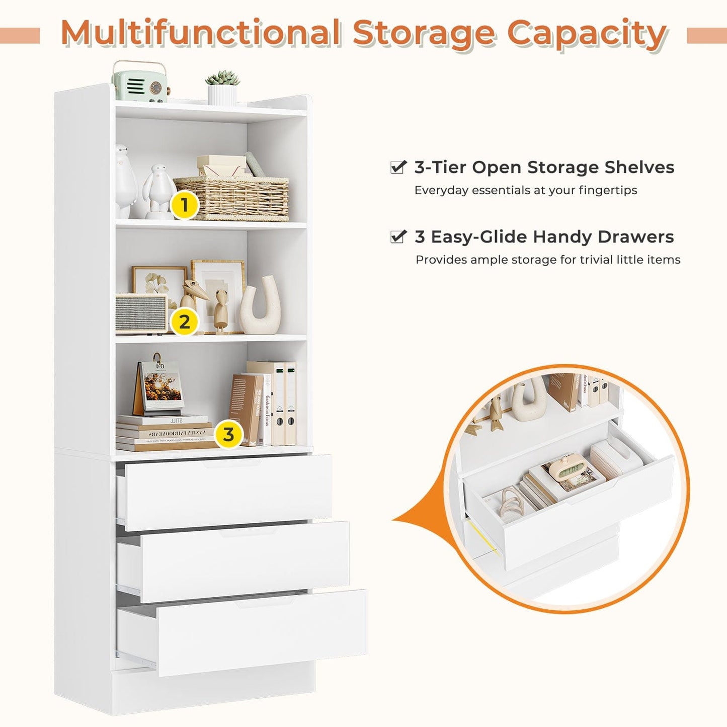 73 Inches Versatile Tall Bookcase with 3 Drawers White