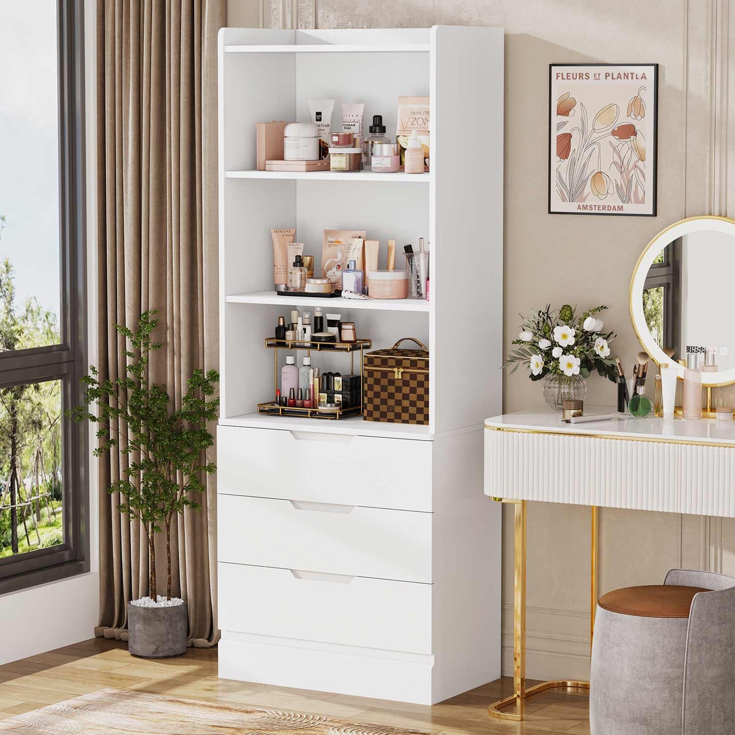 73 Inches Versatile Tall Bookcase with 3 Drawers White