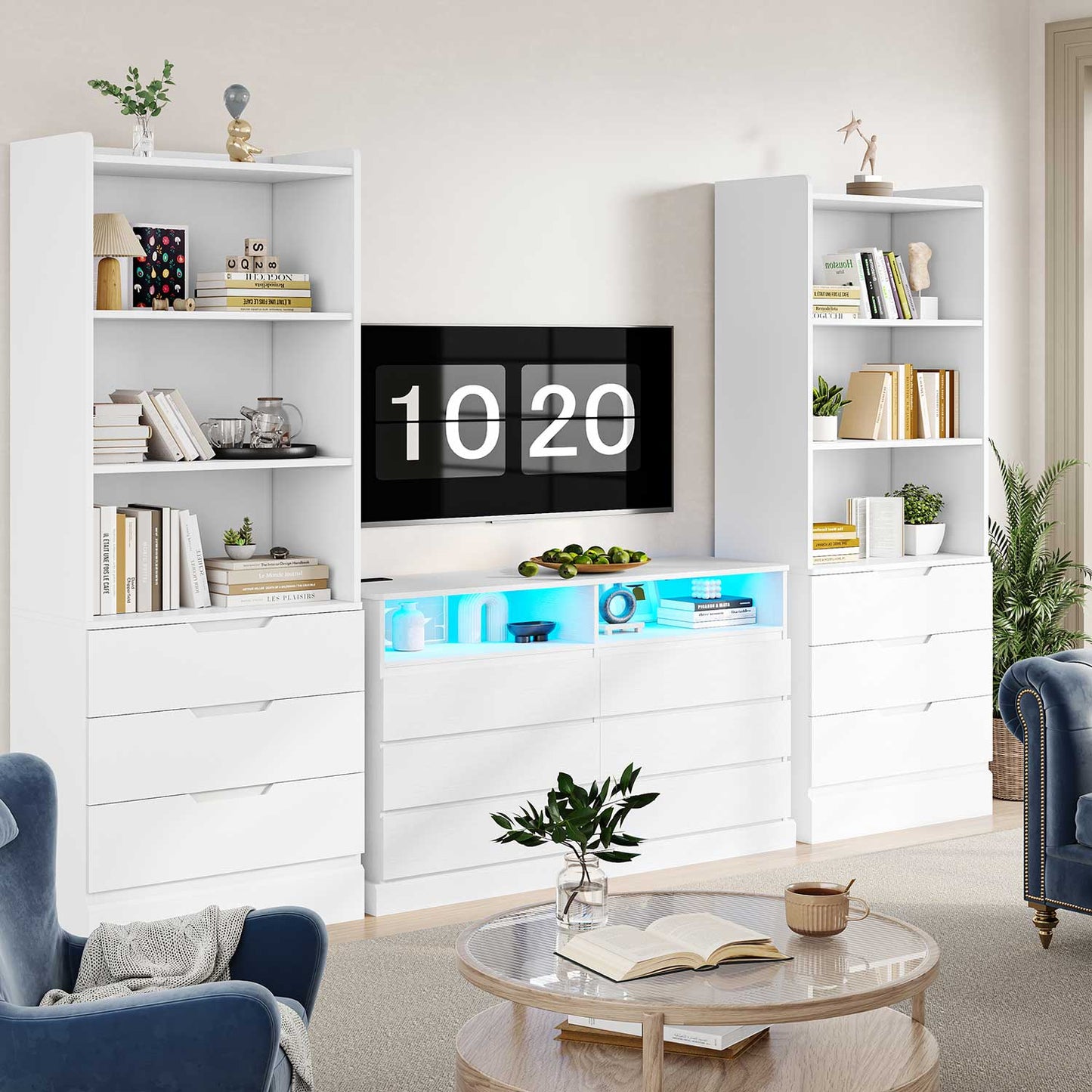 73 Inches Versatile Tall Bookcase with 3 Drawers White
