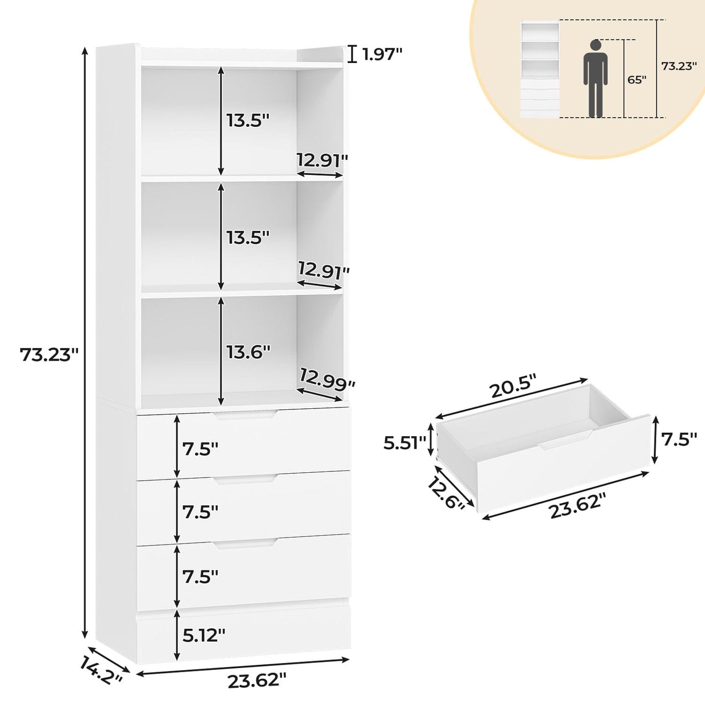73 Inches Versatile Tall Bookcase with 3 Drawers White