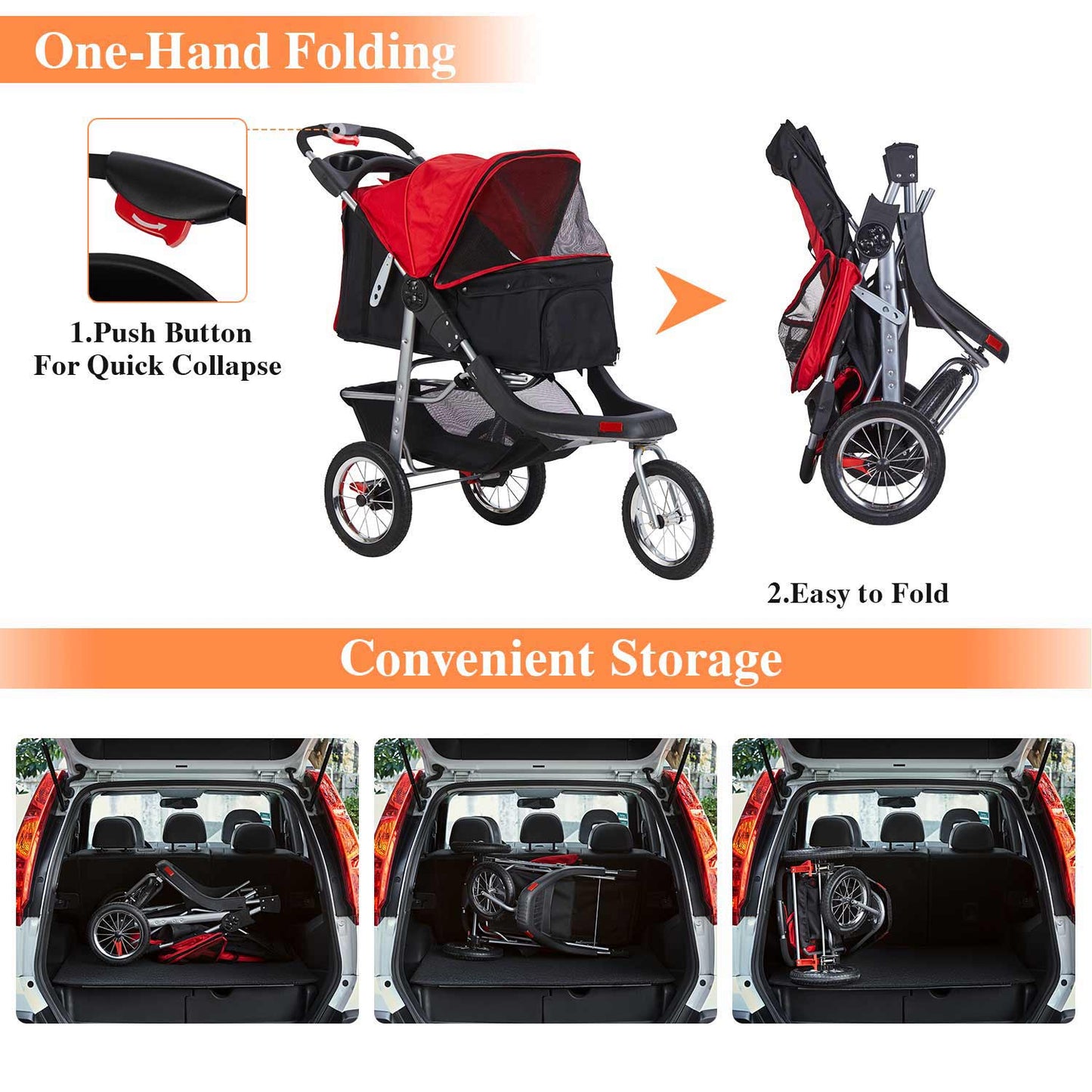 Pet Stroller with 3-Wheel Foldable System Black Red