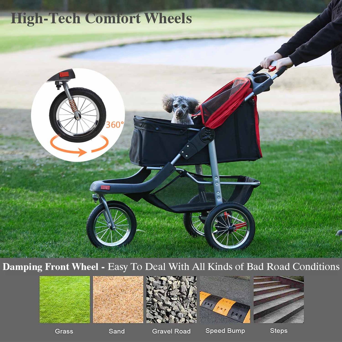 Pet Stroller with 3-Wheel Foldable System Black Red