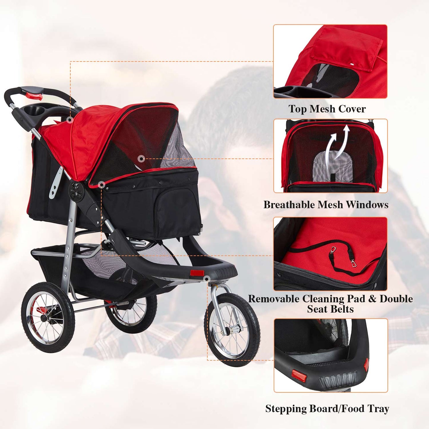 Pet Stroller with 3-Wheel Foldable System Black Red