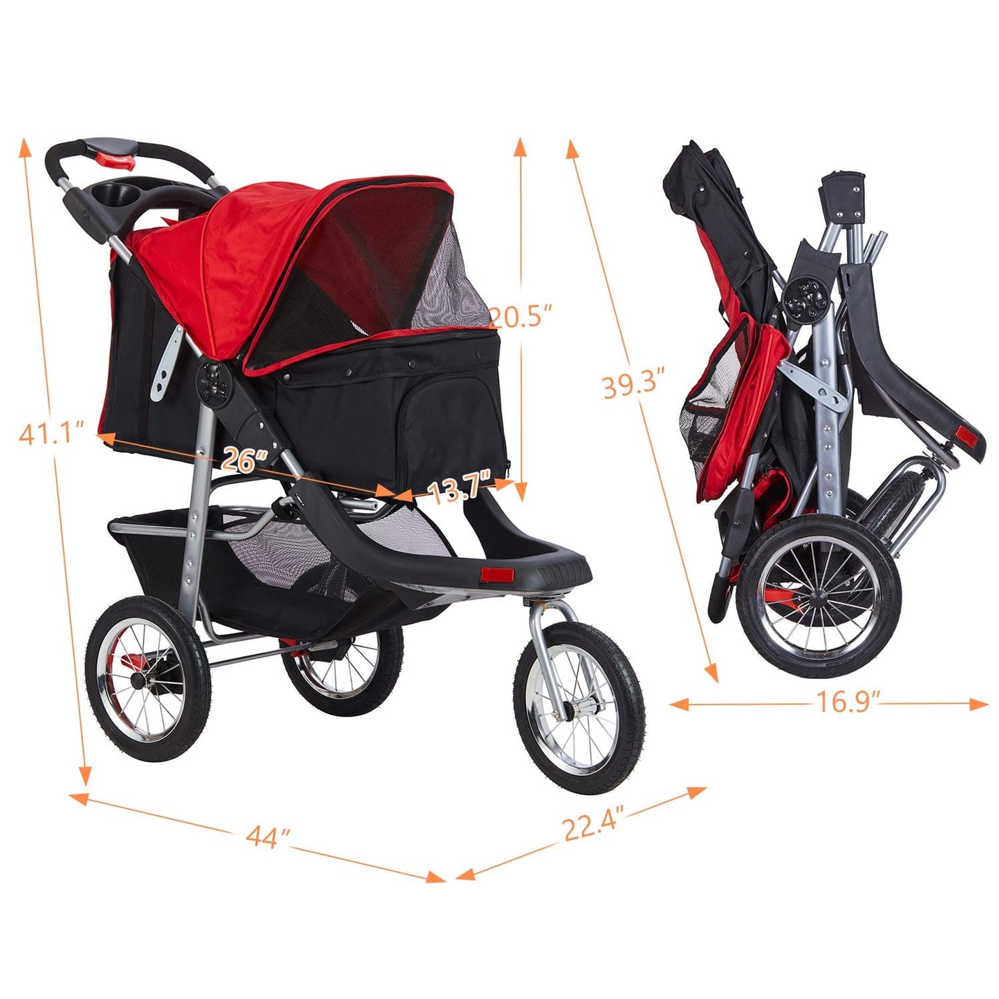 Pet Stroller with 3-Wheel Foldable System Black Red