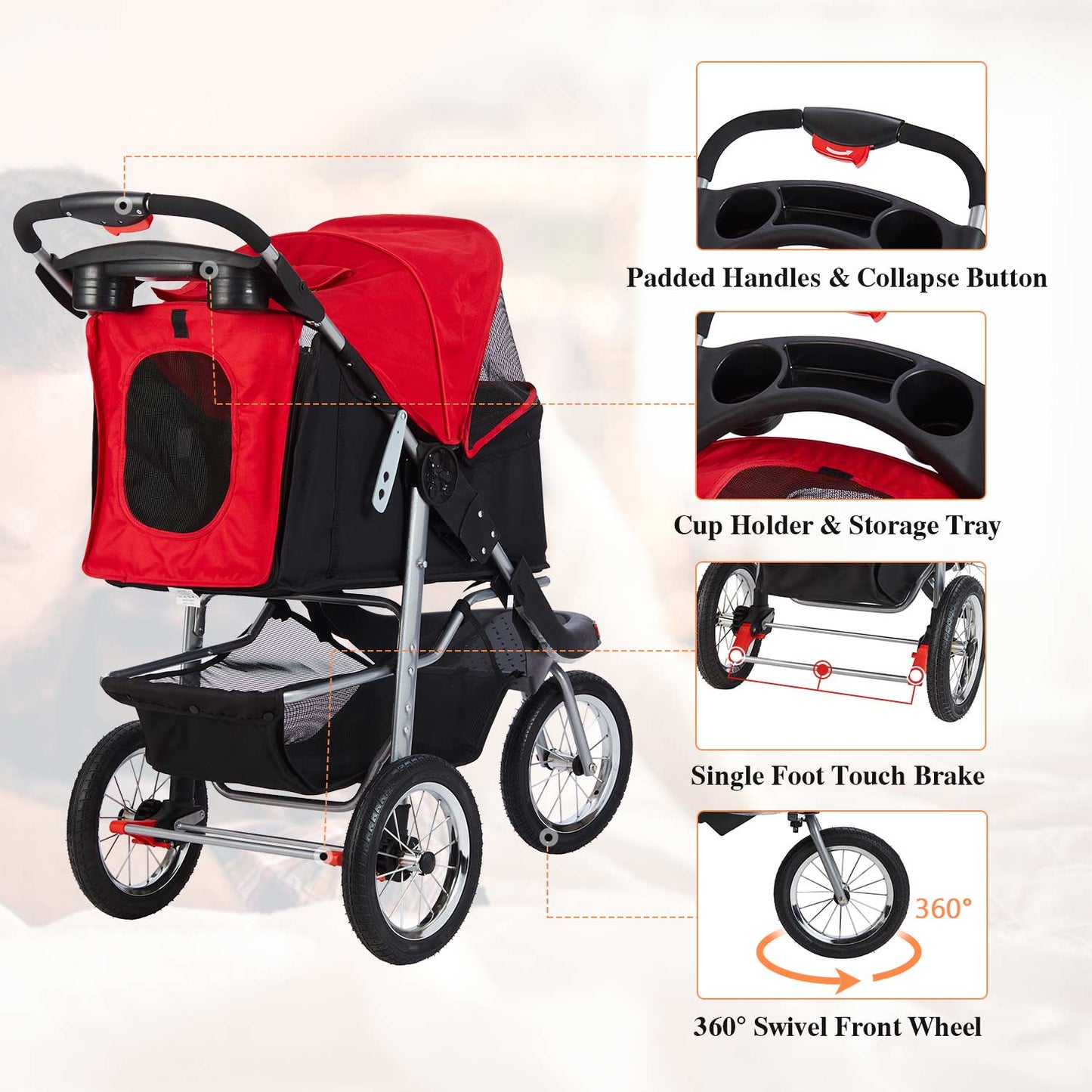 Pet Stroller with 3-Wheel Foldable System Black Red