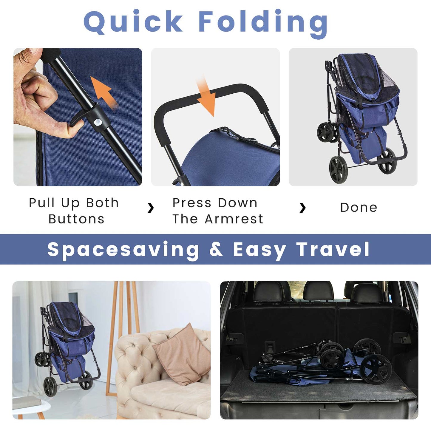 4-in-1 Pet Stroller with 2 Cart Basket Navy Blue