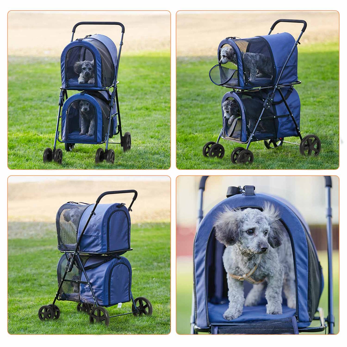 4-in-1 Pet Stroller with 2 Cart Basket Navy Blue