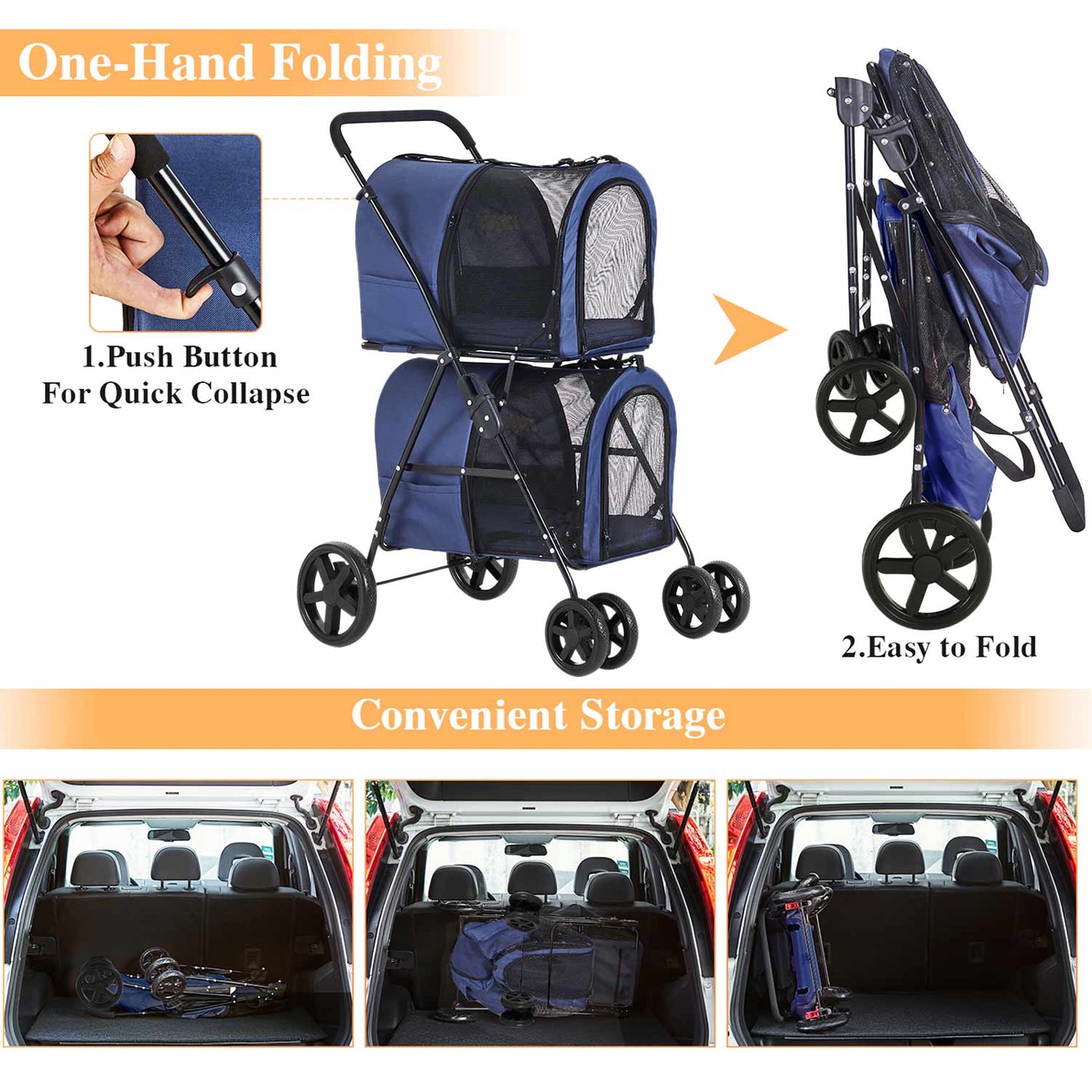 4-in-1 Pet Stroller with 2 Cart Basket Navy Blue