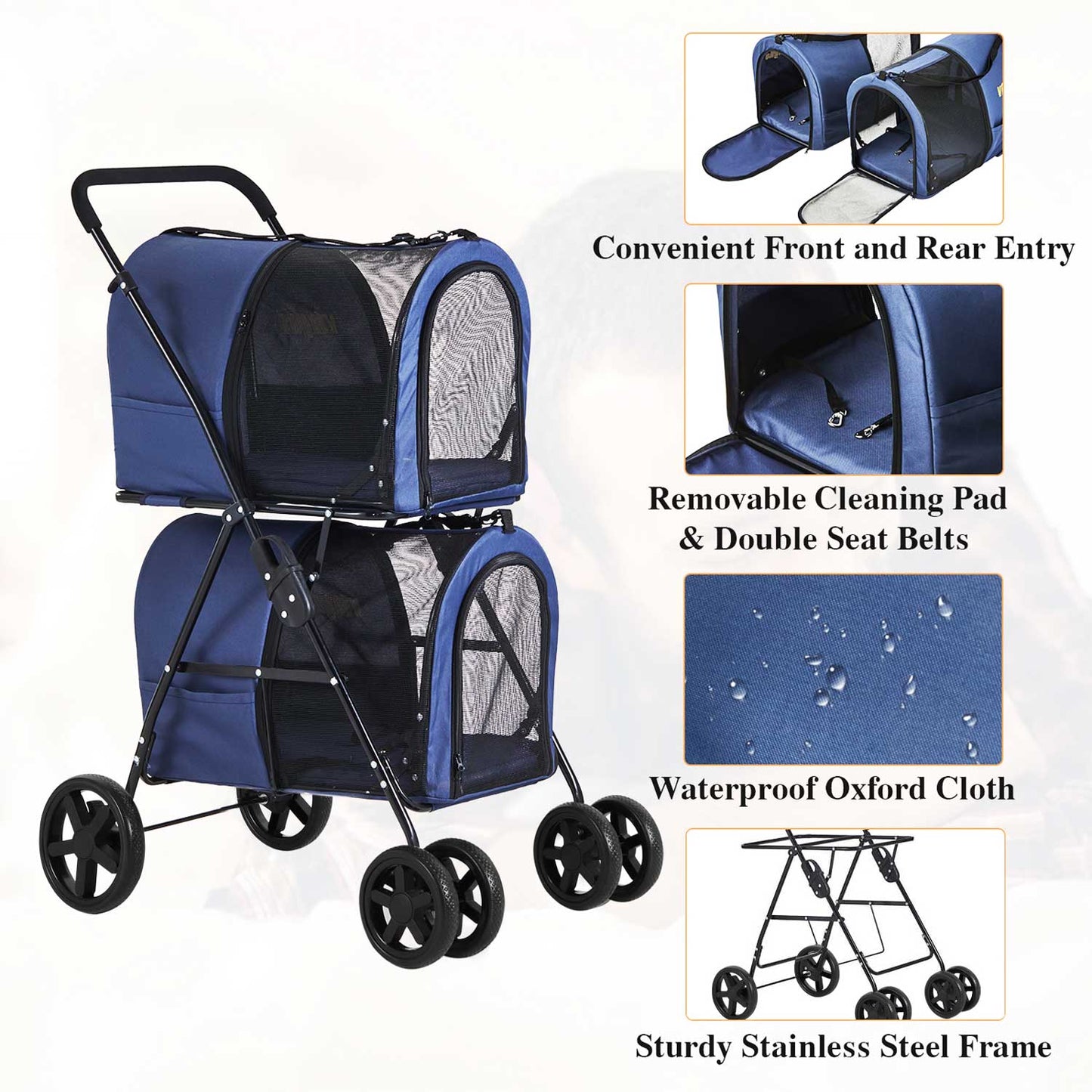 4-in-1 Pet Stroller with 2 Cart Basket Navy Blue