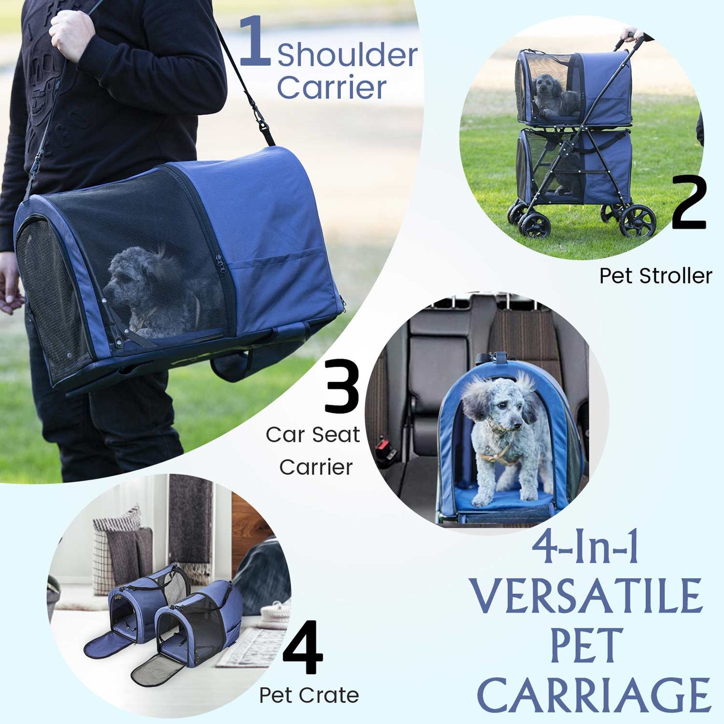 4-in-1 Pet Stroller with 2 Cart Basket Navy Blue