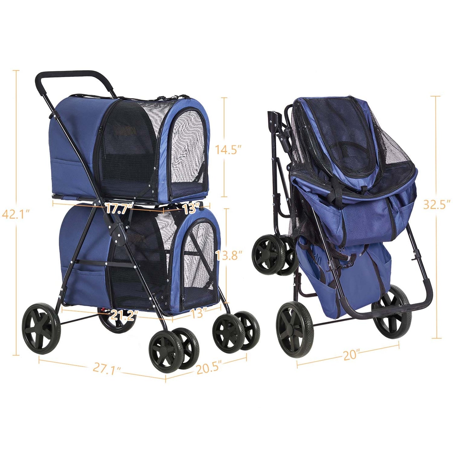 4-in-1 Pet Stroller with 2 Cart Basket Navy Blue