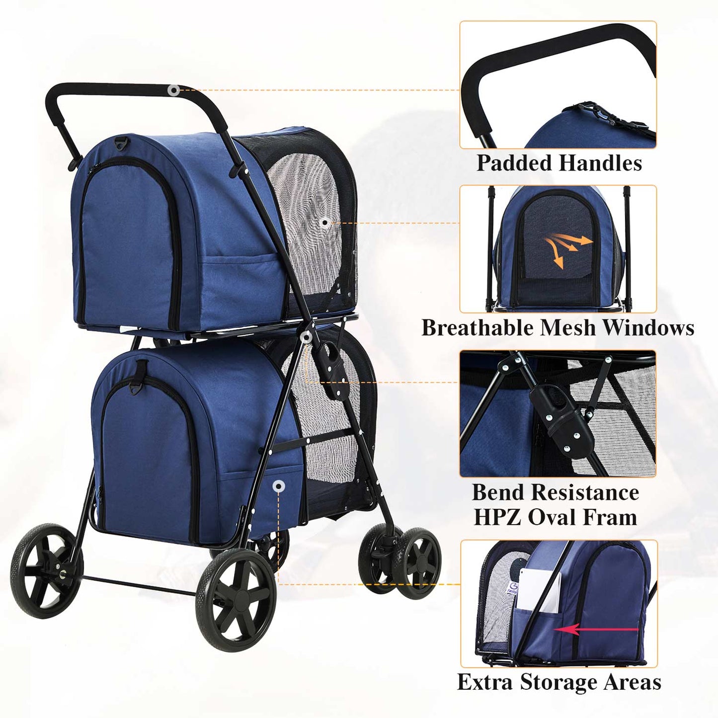 4-in-1 Pet Stroller with 2 Cart Basket Navy Blue