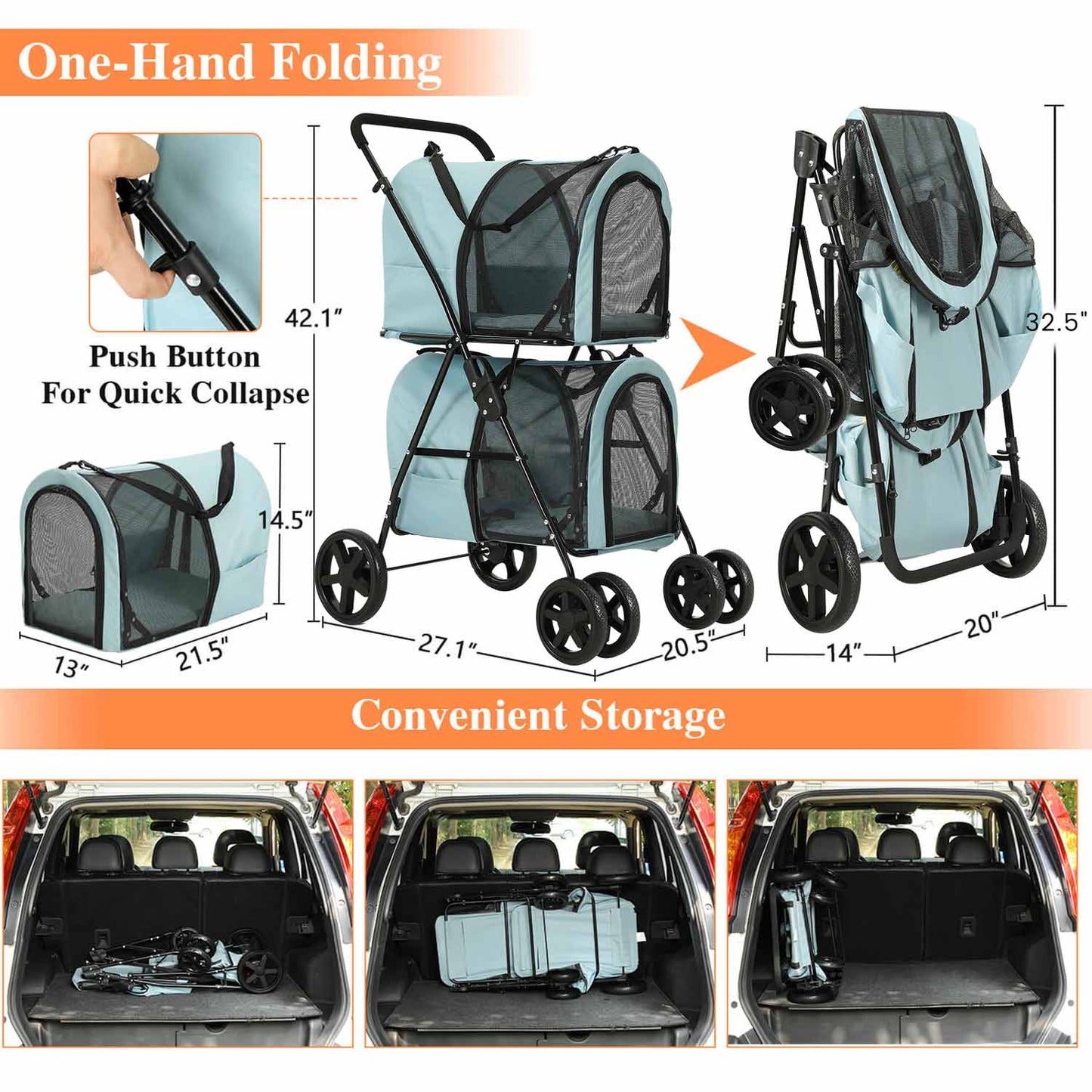 4-in-1 Pet Stroller with 2 Cart Basket Light Blue