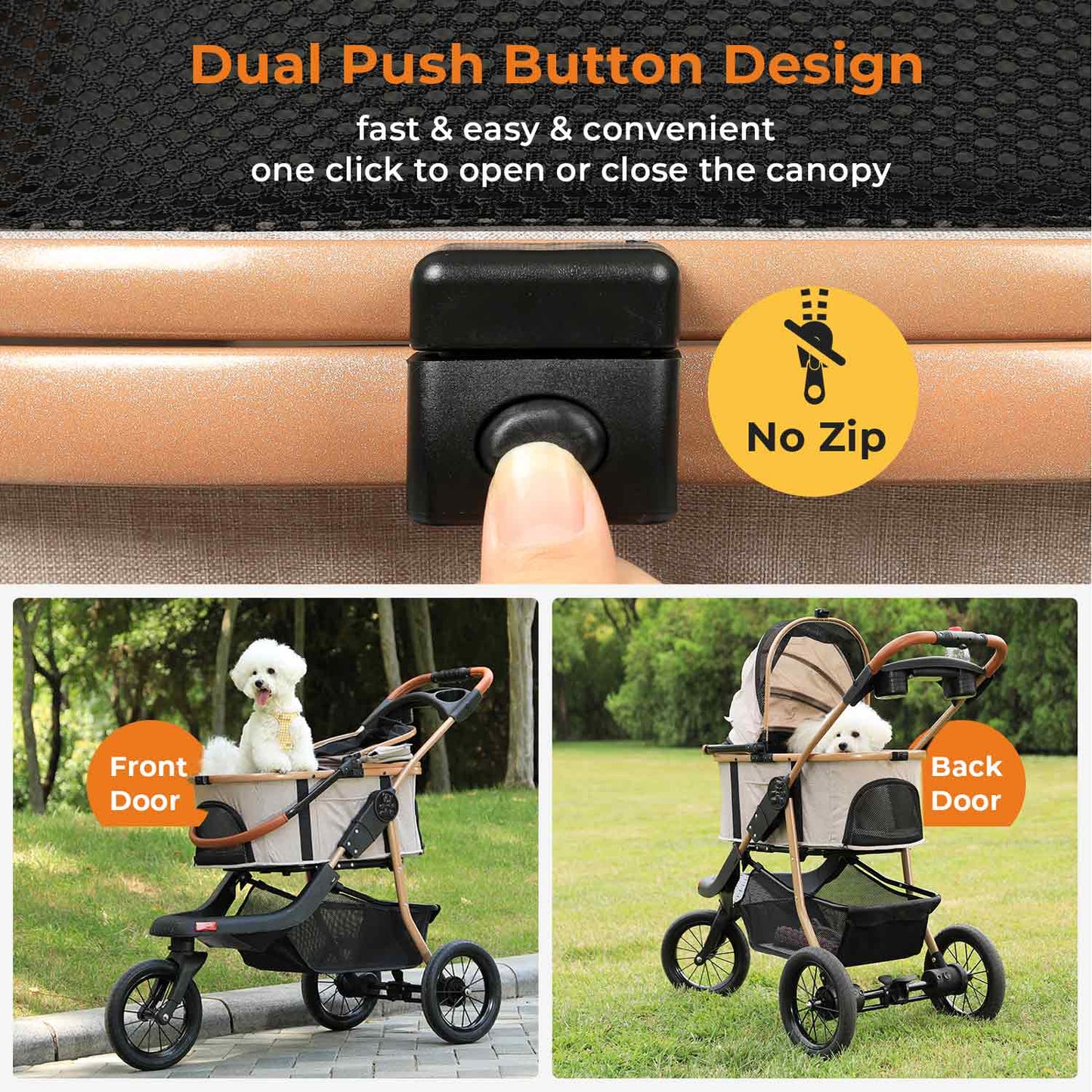 Pet Stroller One-Click Folding Frame Traveling Cart Khaki