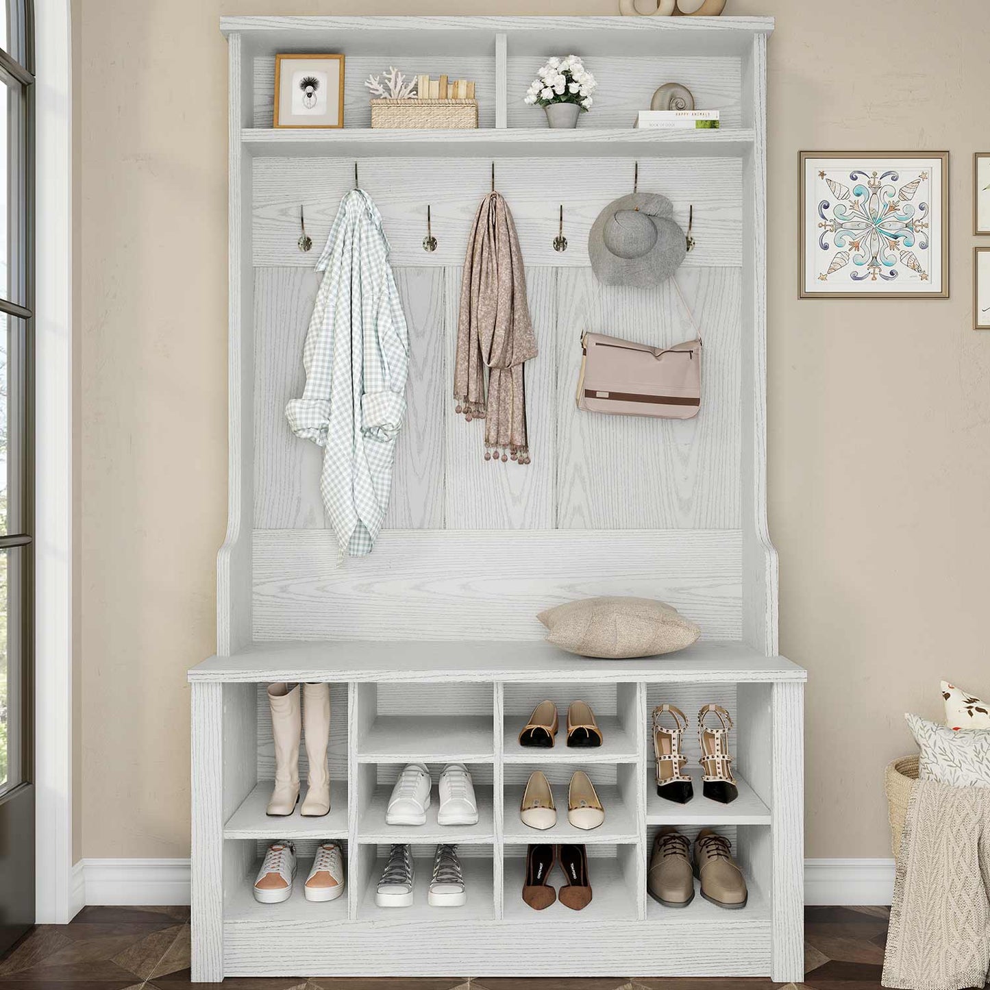 Hall Tree with Storage 3-in-1 Entryway Bench White