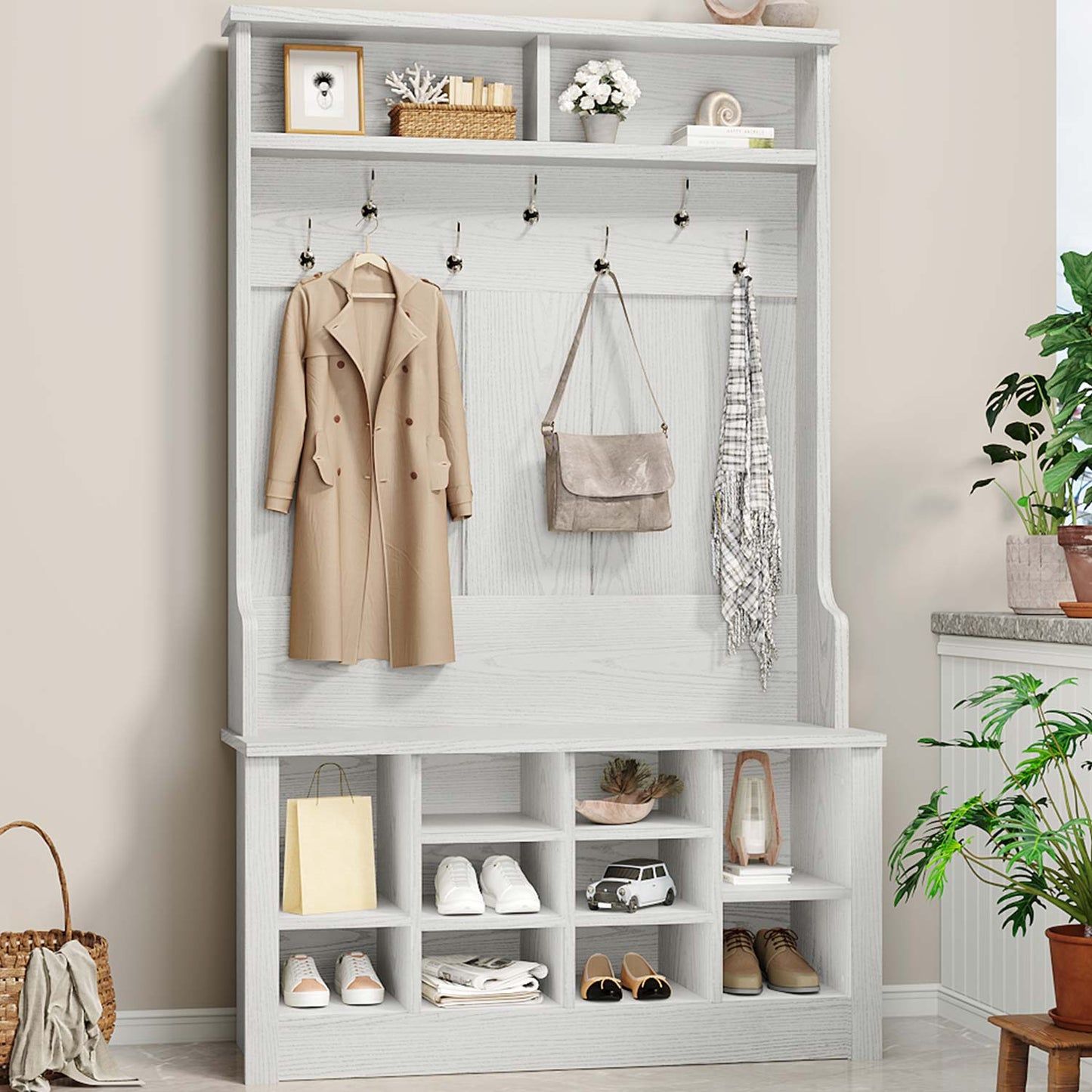 Hall Tree with Storage 3-in-1 Entryway Bench White