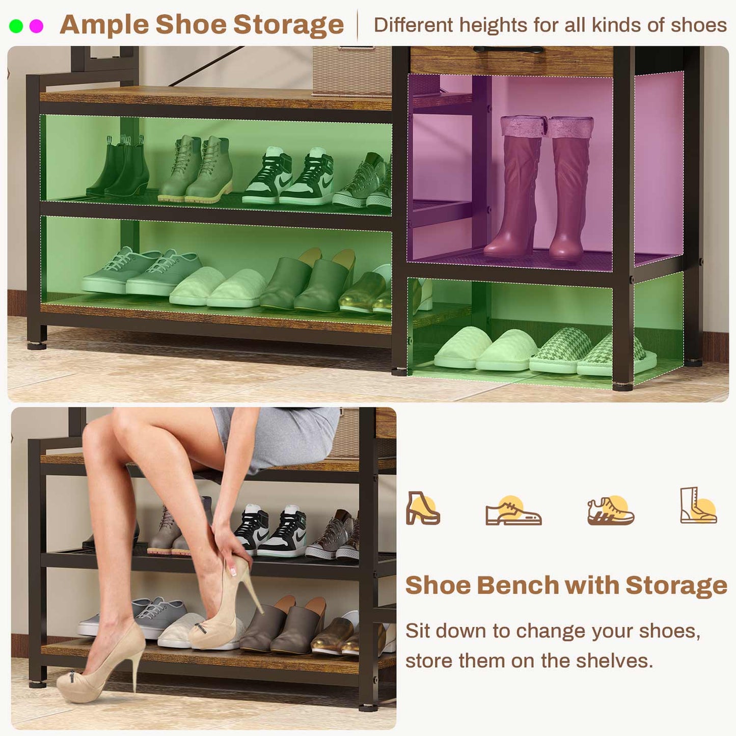 Hall Tree with Bench and Shoe Storage Rustic Brown
