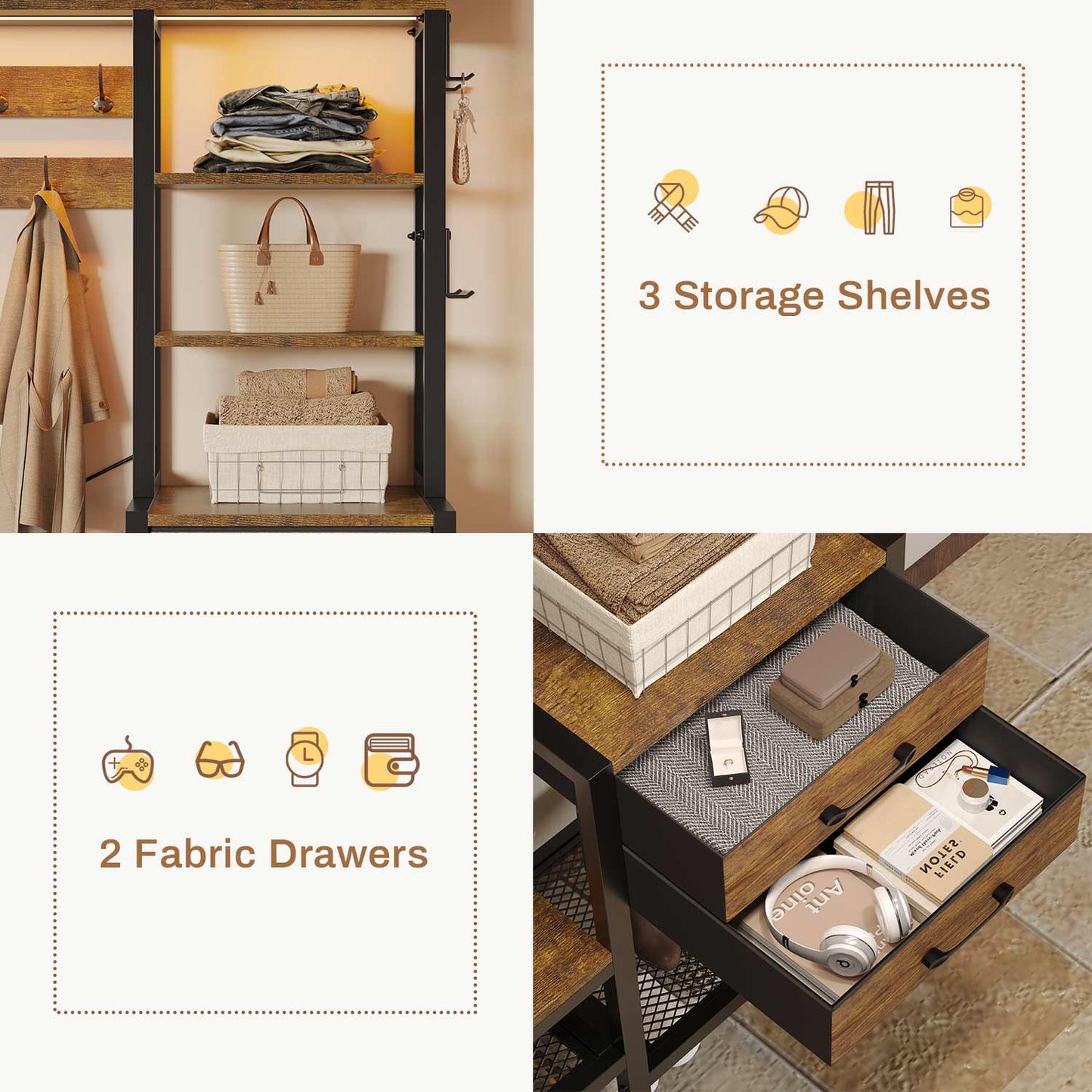 Hall Tree with Bench and Shoe Storage Rustic Brown