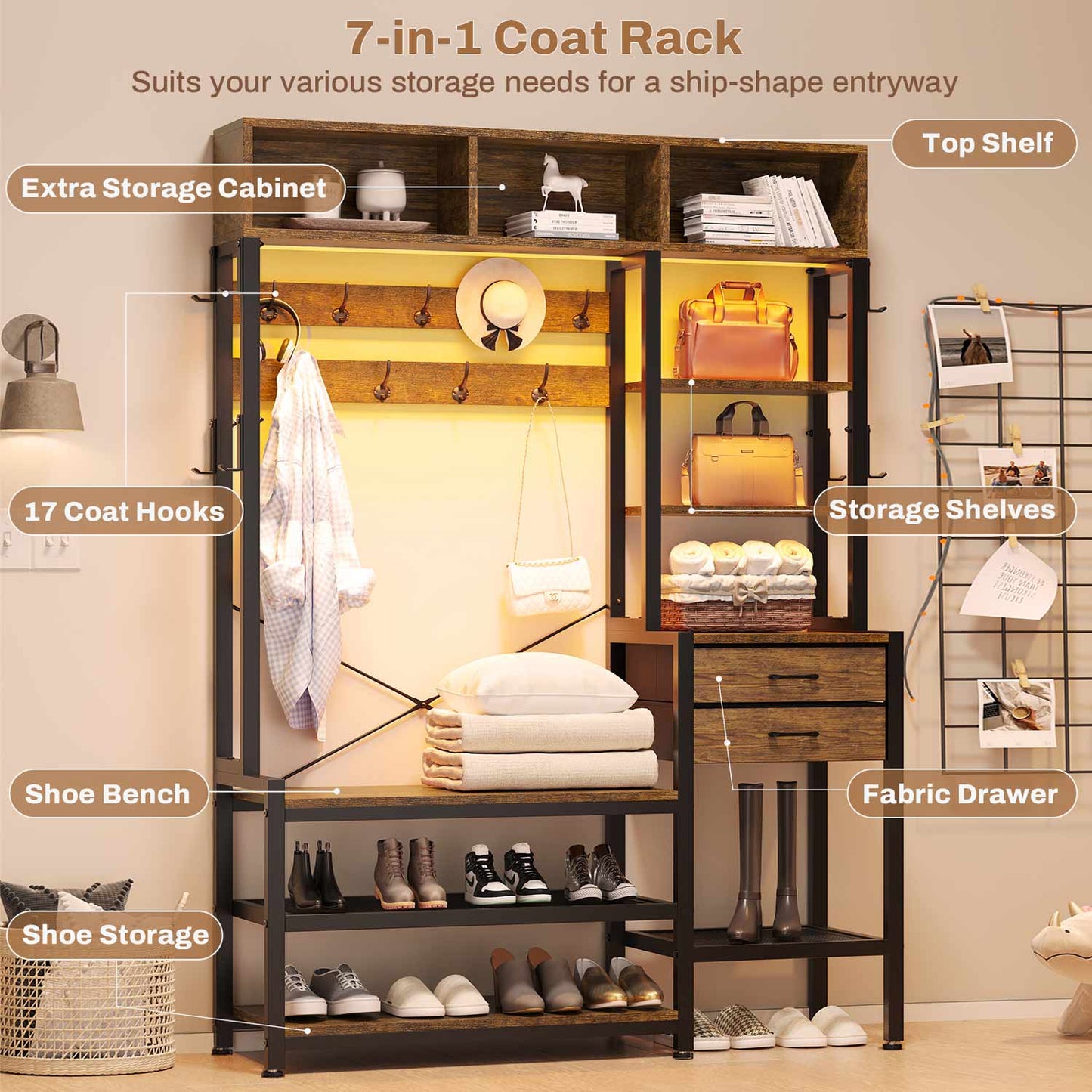 Hall Tree with Bench and Shoe Storage Rustic Brown