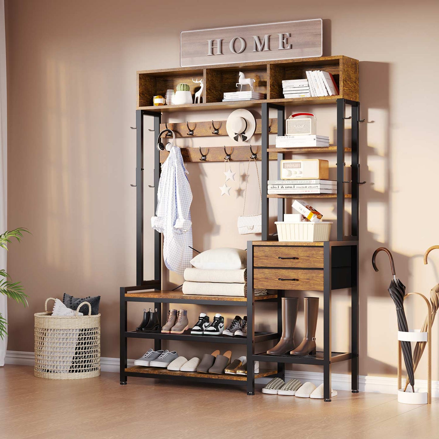 Hall Tree with Bench and Shoe Storage Rustic Brown