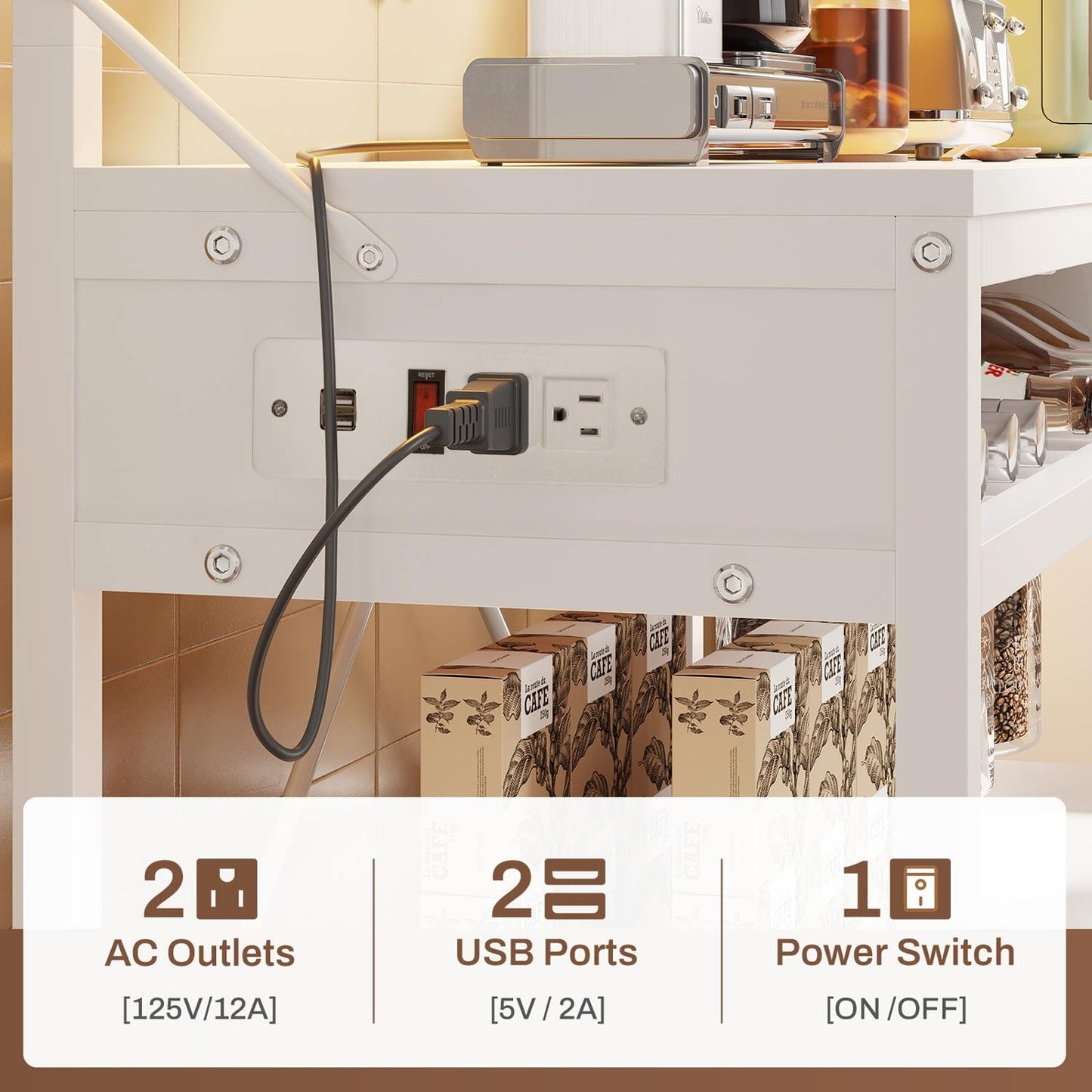 LED Coffee Bar with Power Outlet Open Storage White