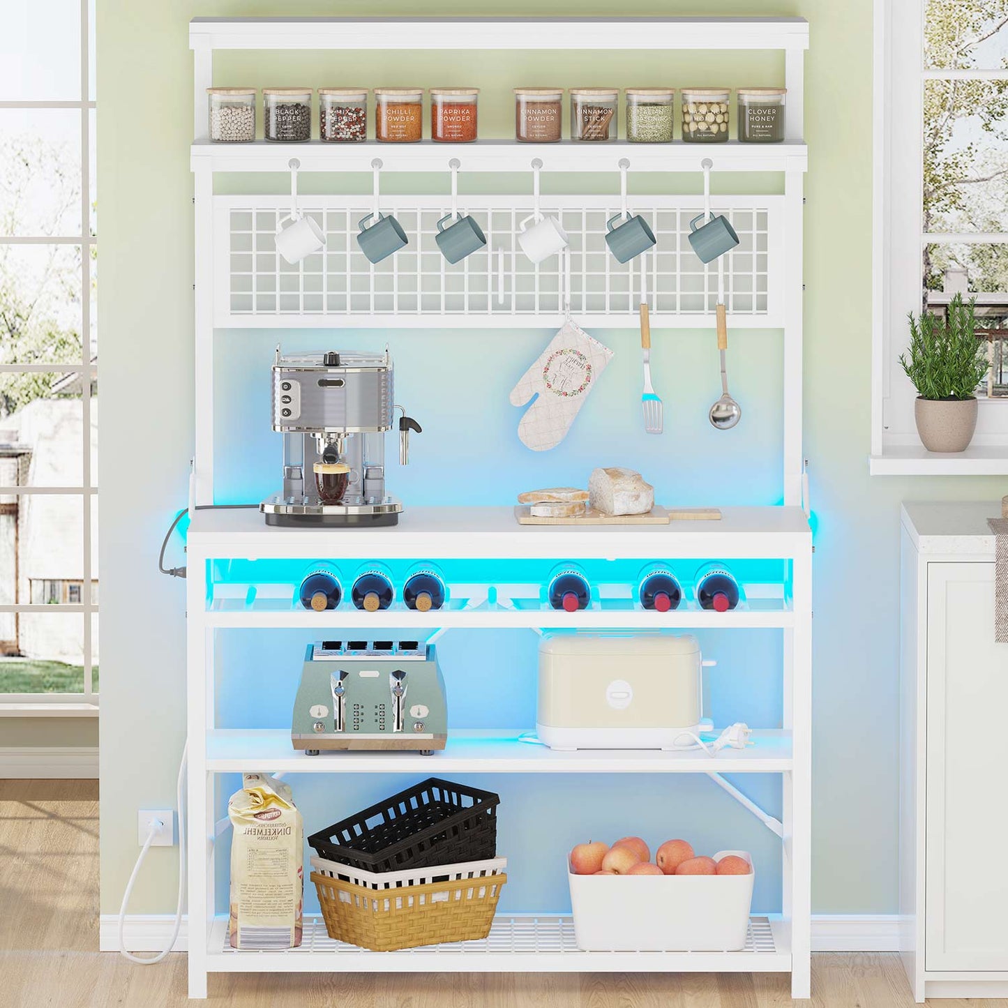 LED Coffee Bar with Power Outlet Open Storage White