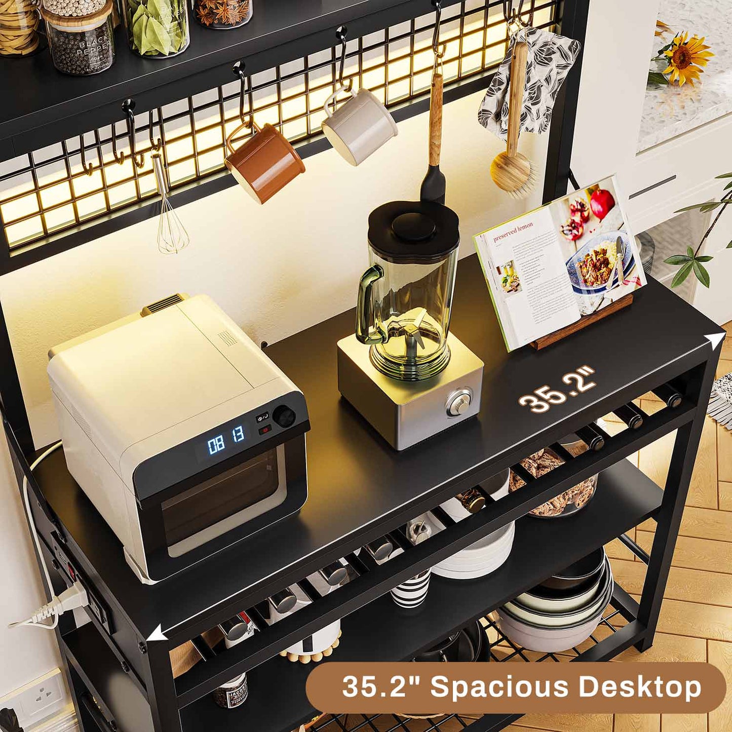 LED Coffee Bar with Power Outlet Open Storage Black