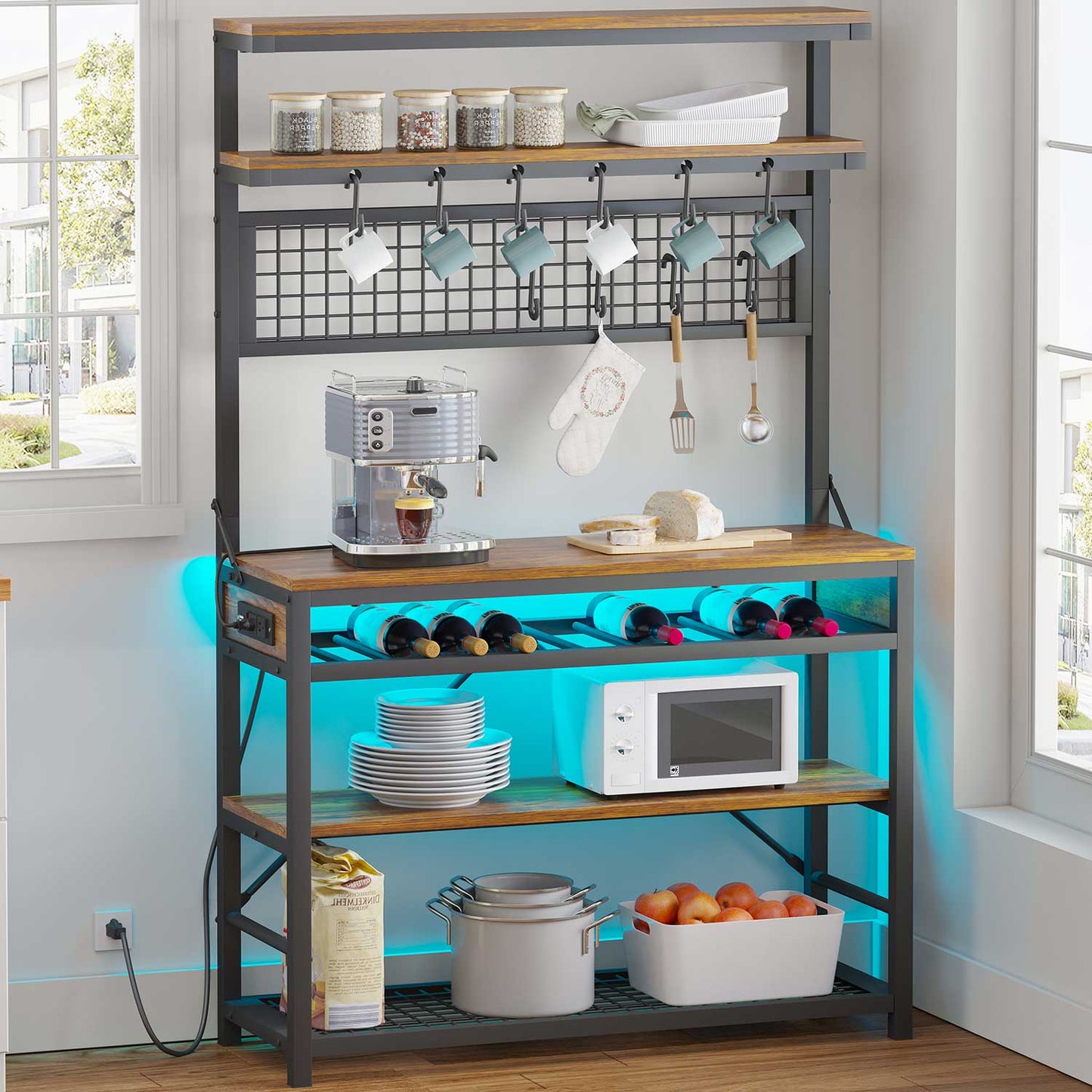 LED Coffee Bar with Power Outlet Open Storage Brown